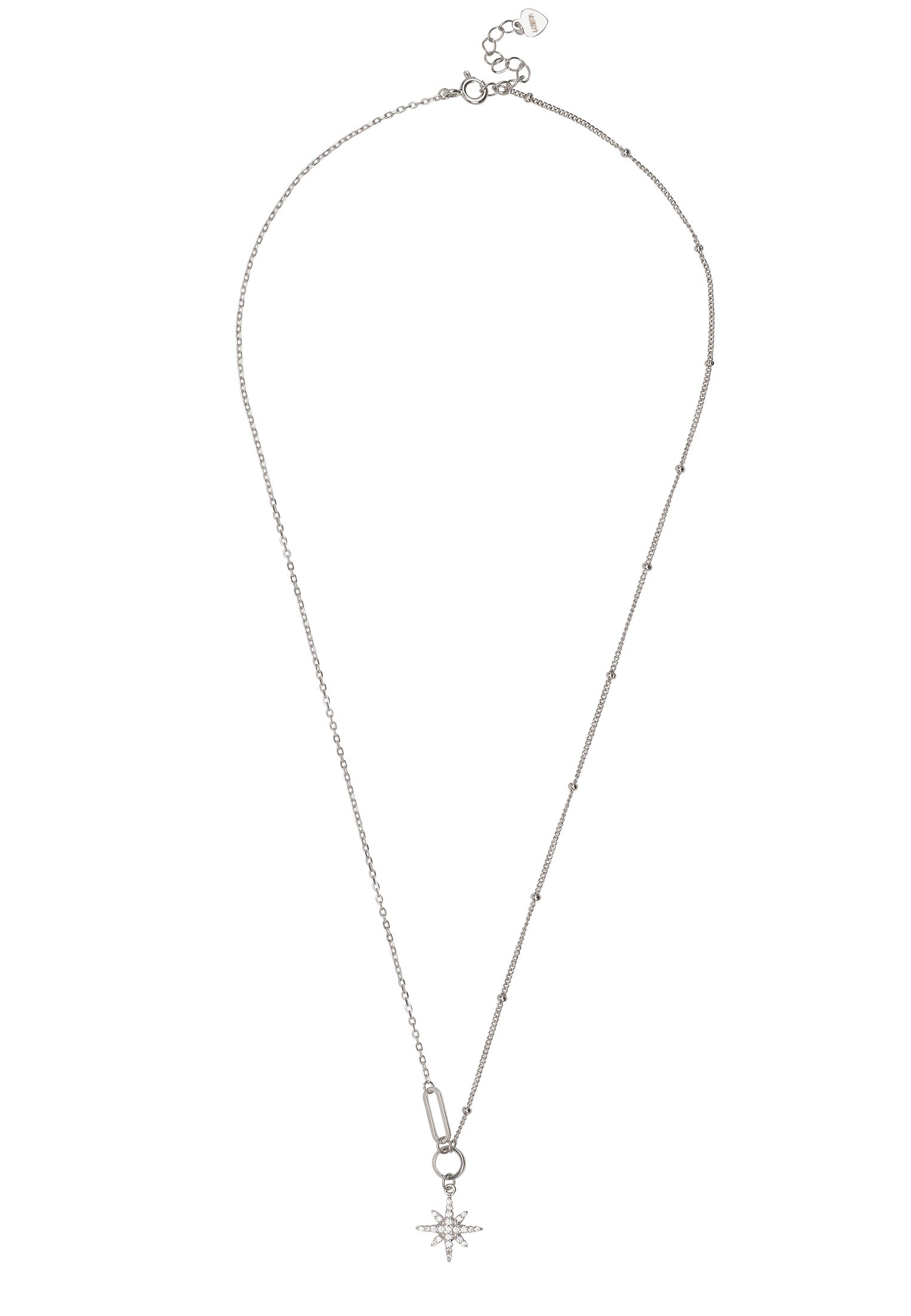 Silver necklace with a star pendant on a white background