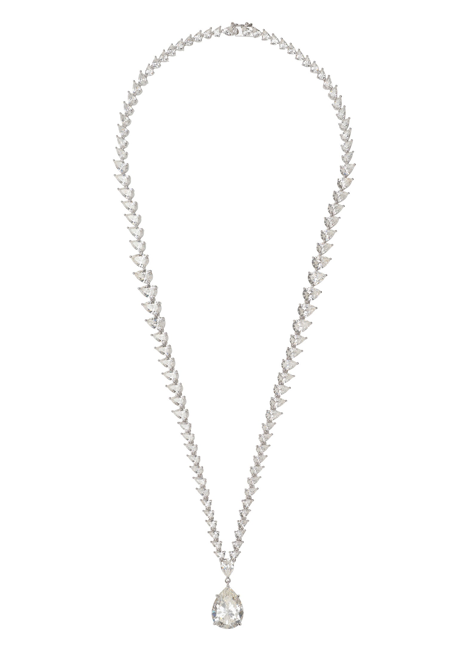 Silver pendant necklace with a teardrop-shaped clear gemstone pendant on a white background
