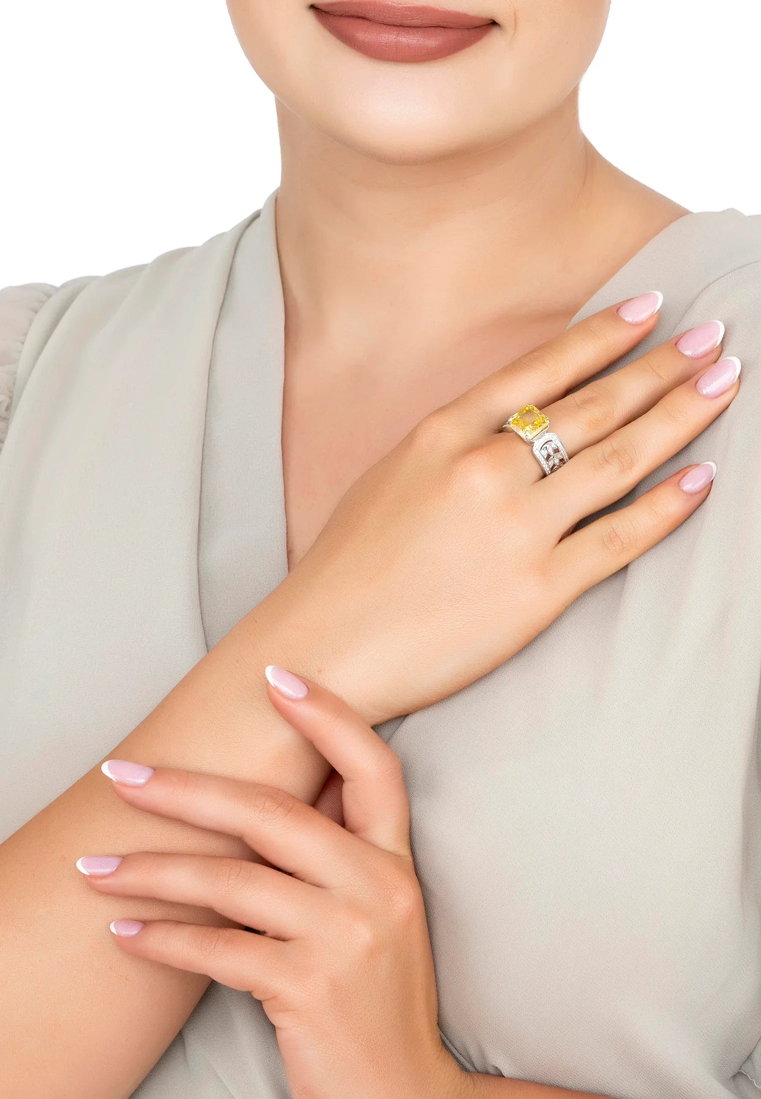 The ring worn by a model.