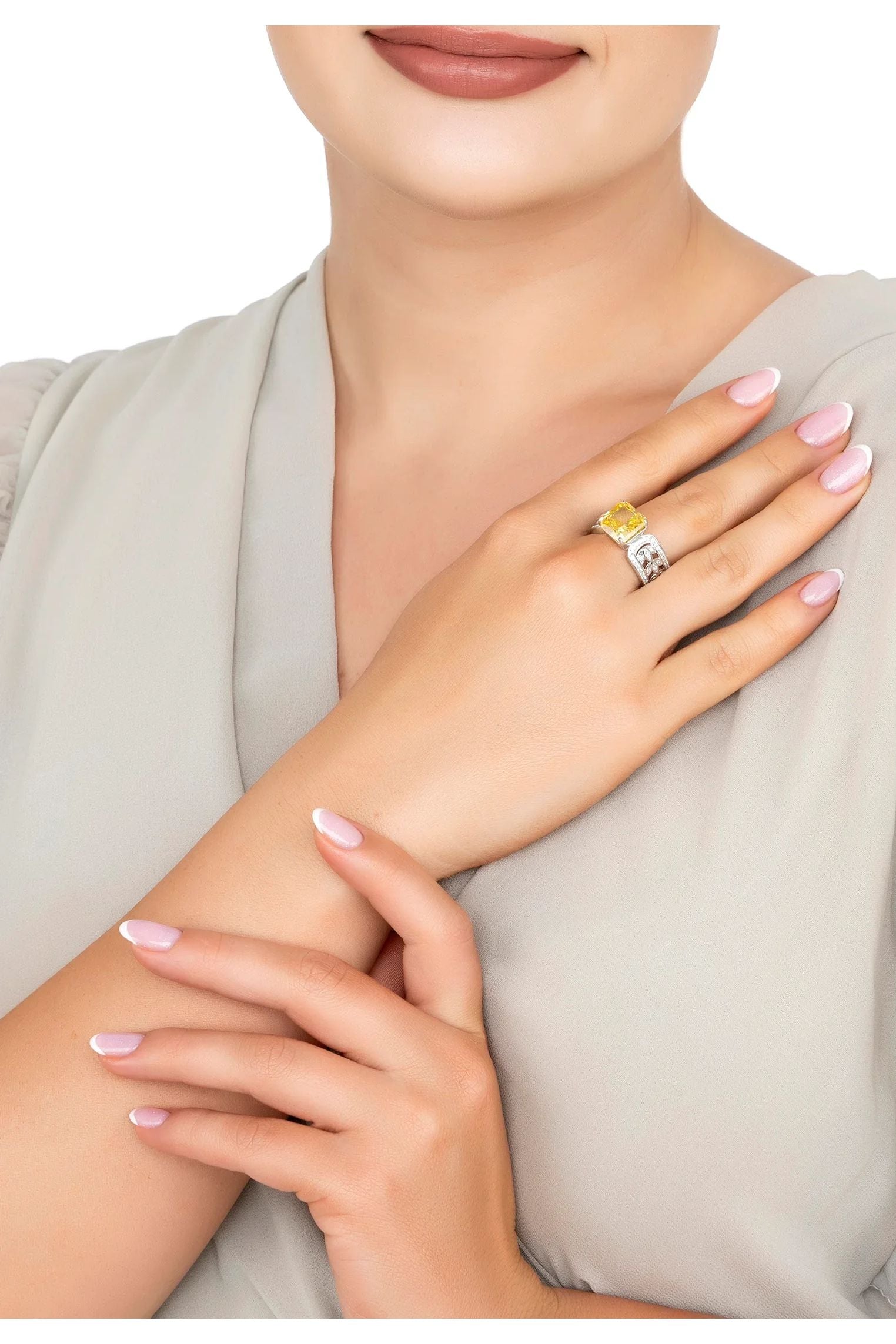 The ring worn by a model.