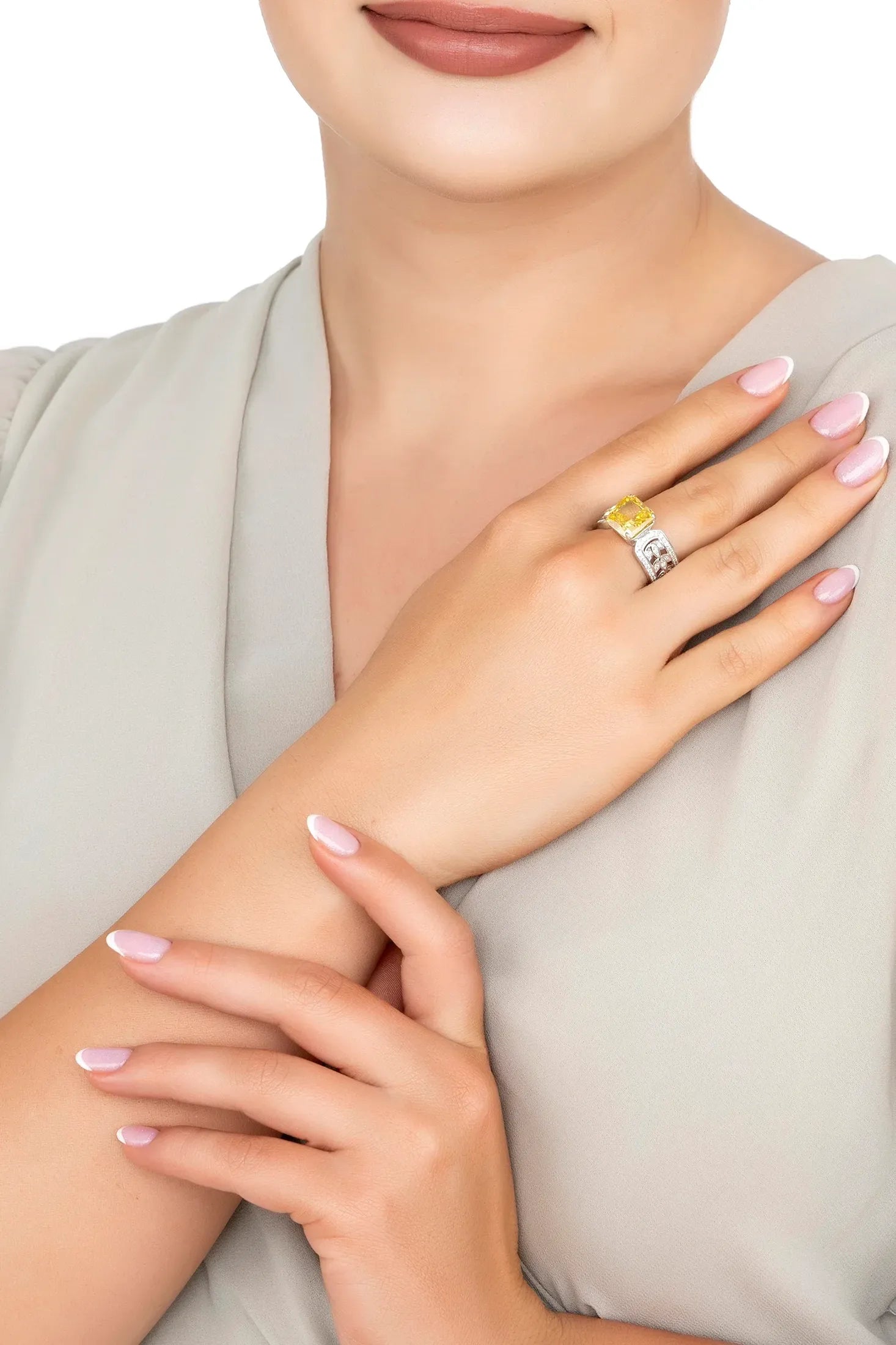 The ring worn by a model.