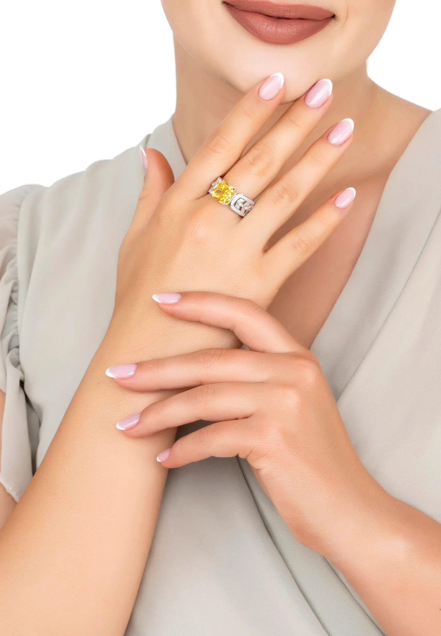 The ring worn by a model.