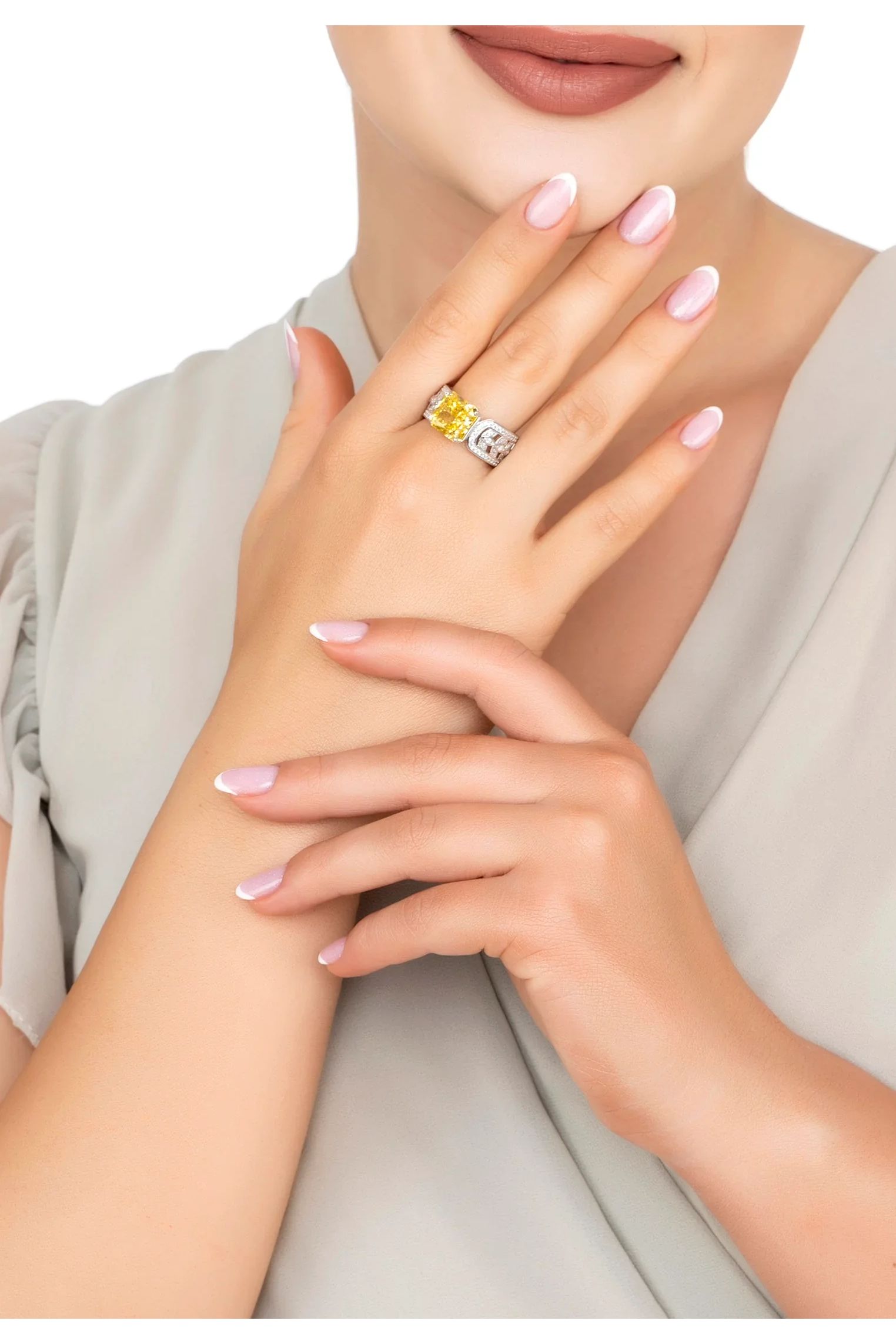 The ring worn by a model.