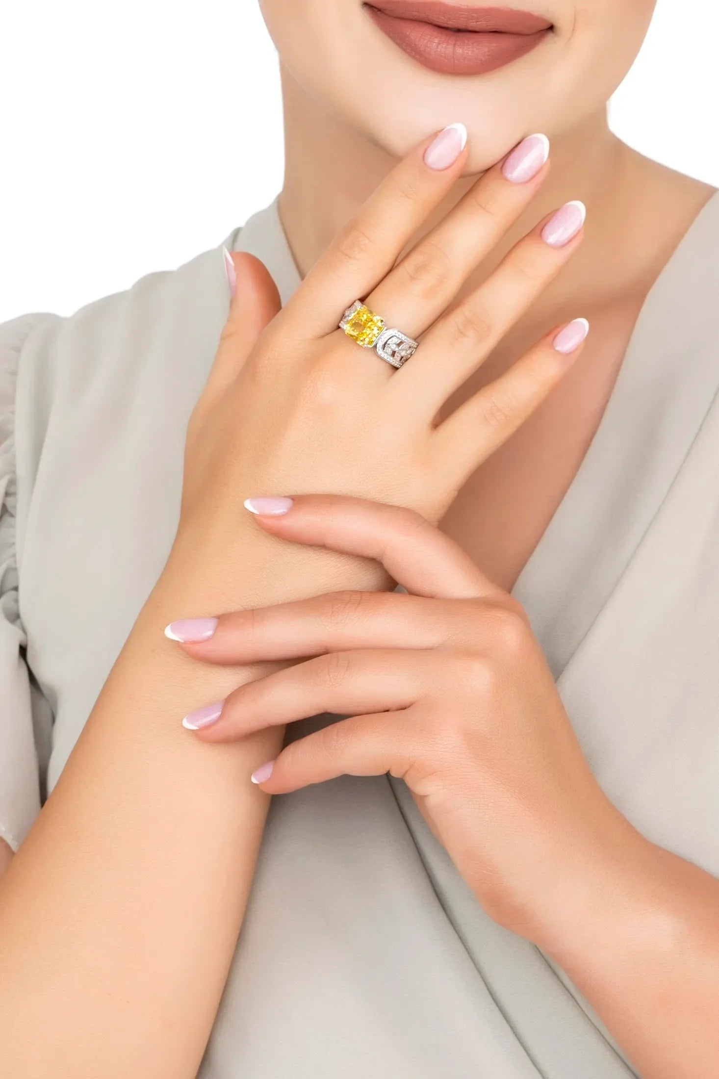 The ring worn by a model.