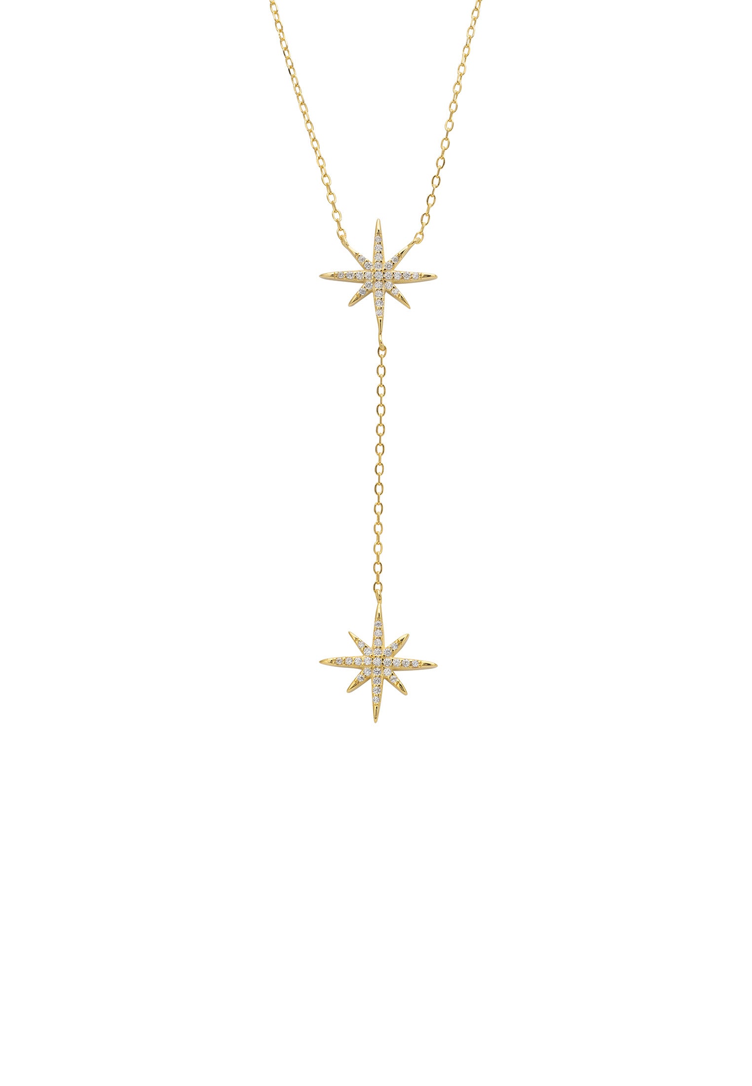 Gold necklace with star-shaped pendants on a white background