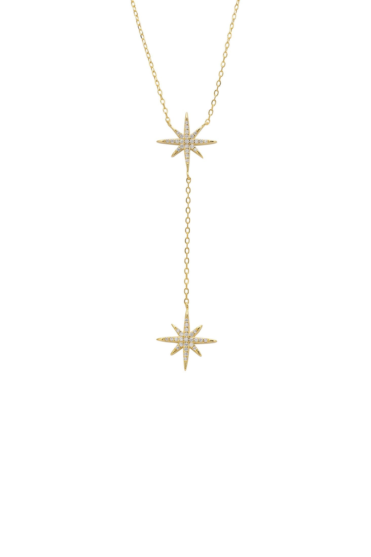 Gold necklace with star-shaped pendants on a white background