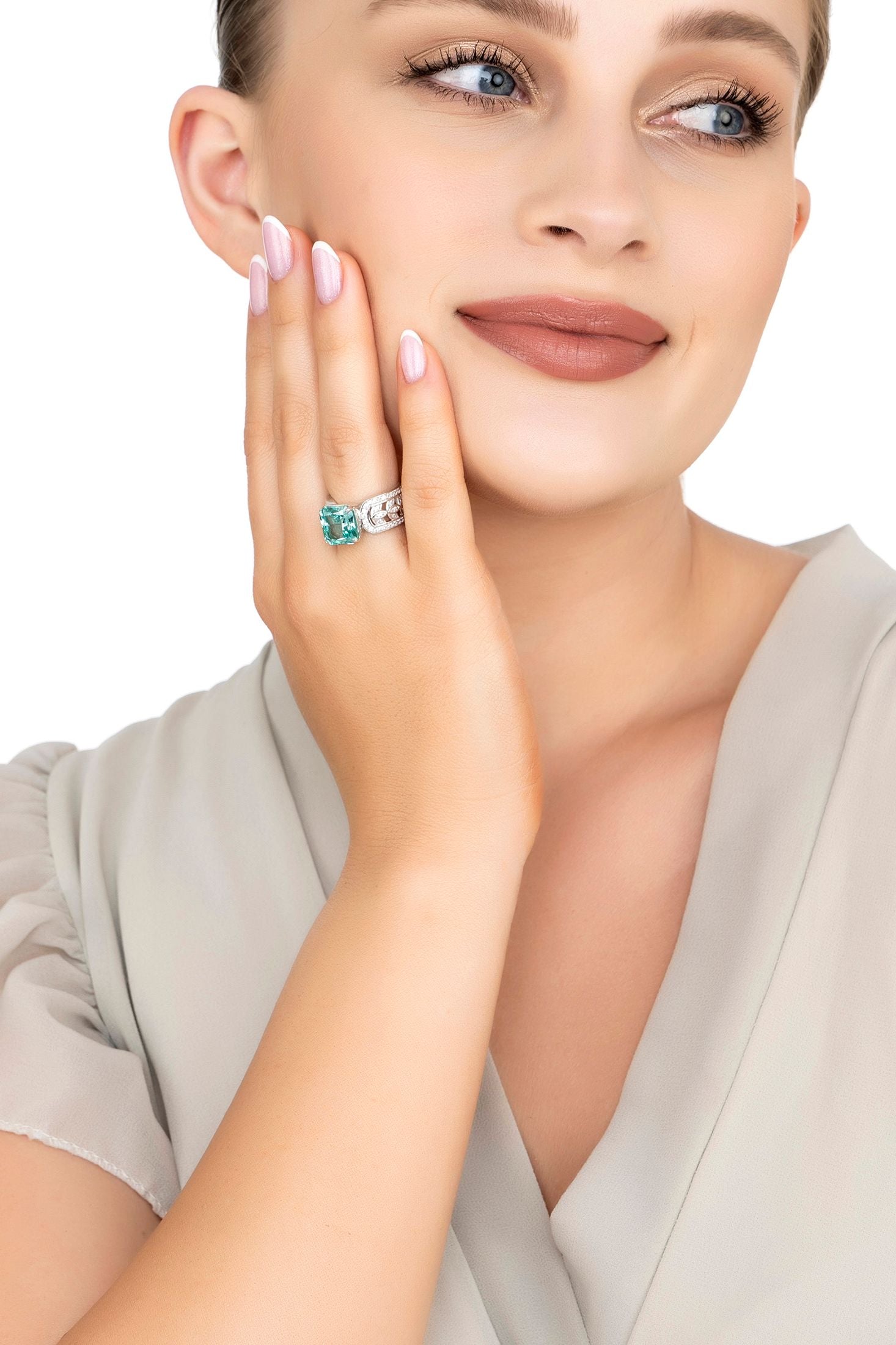 The ring worn by a model.