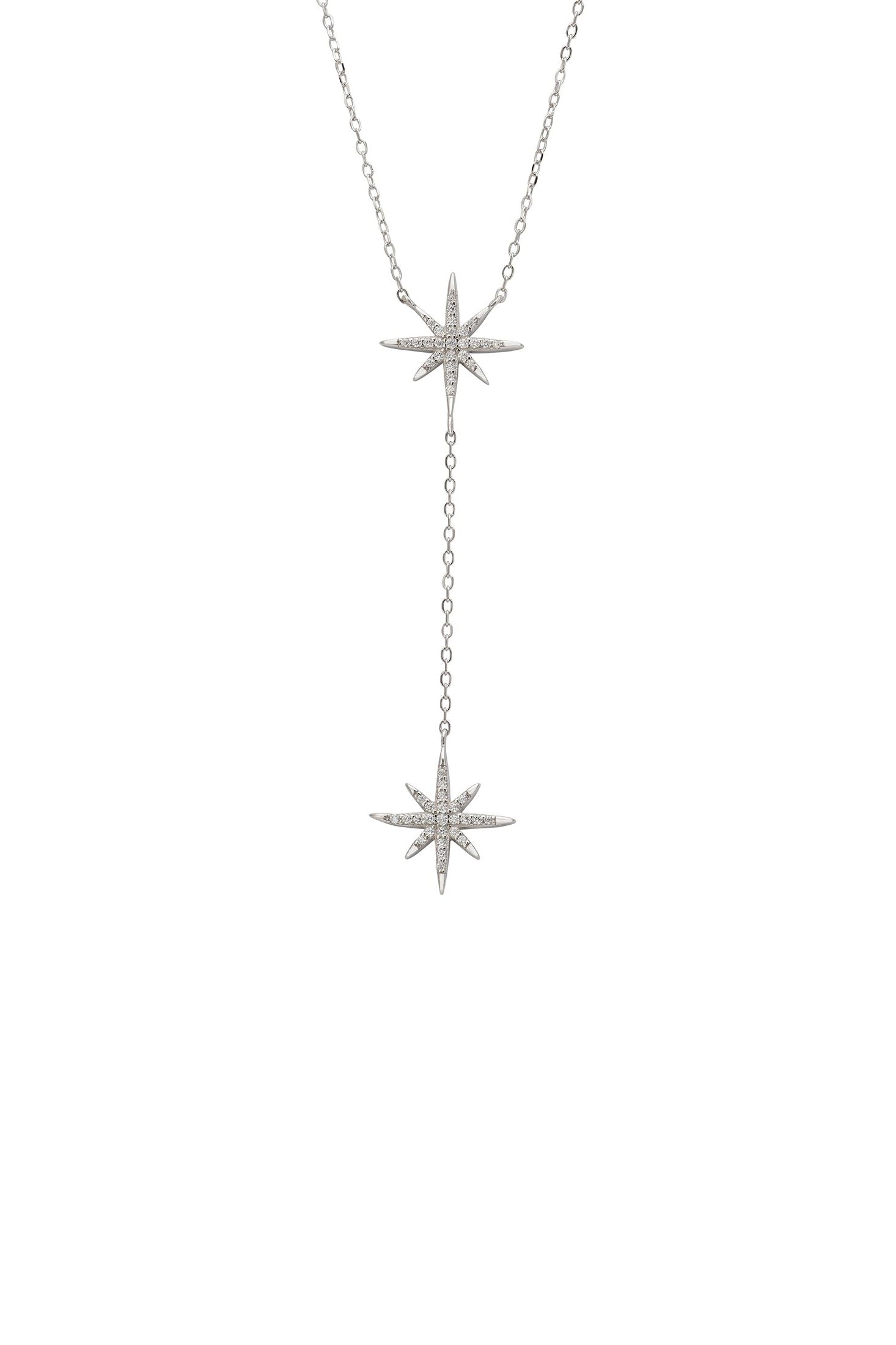 Silver star-shaped necklace on a white background