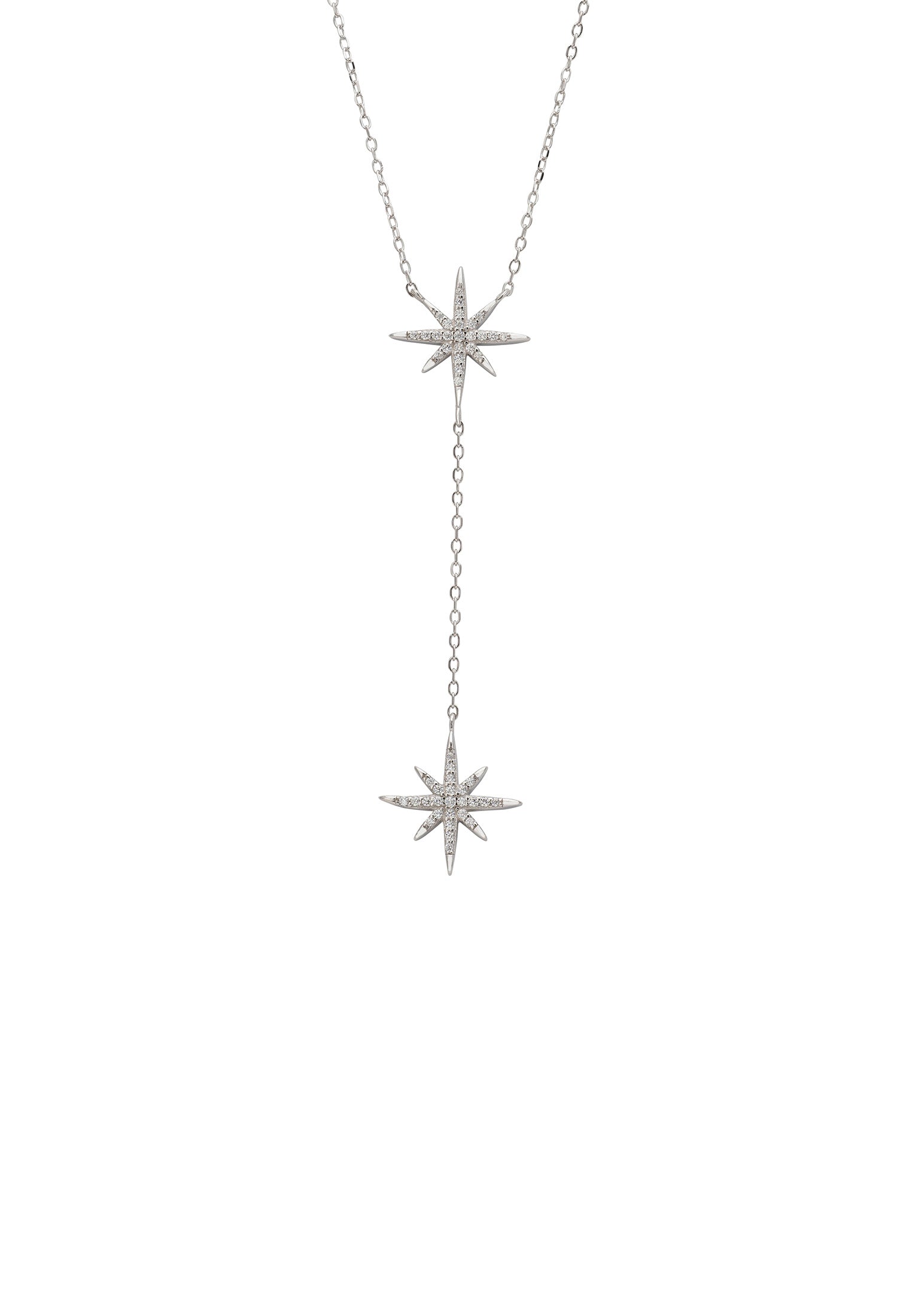 Silver star-shaped necklace on a white background