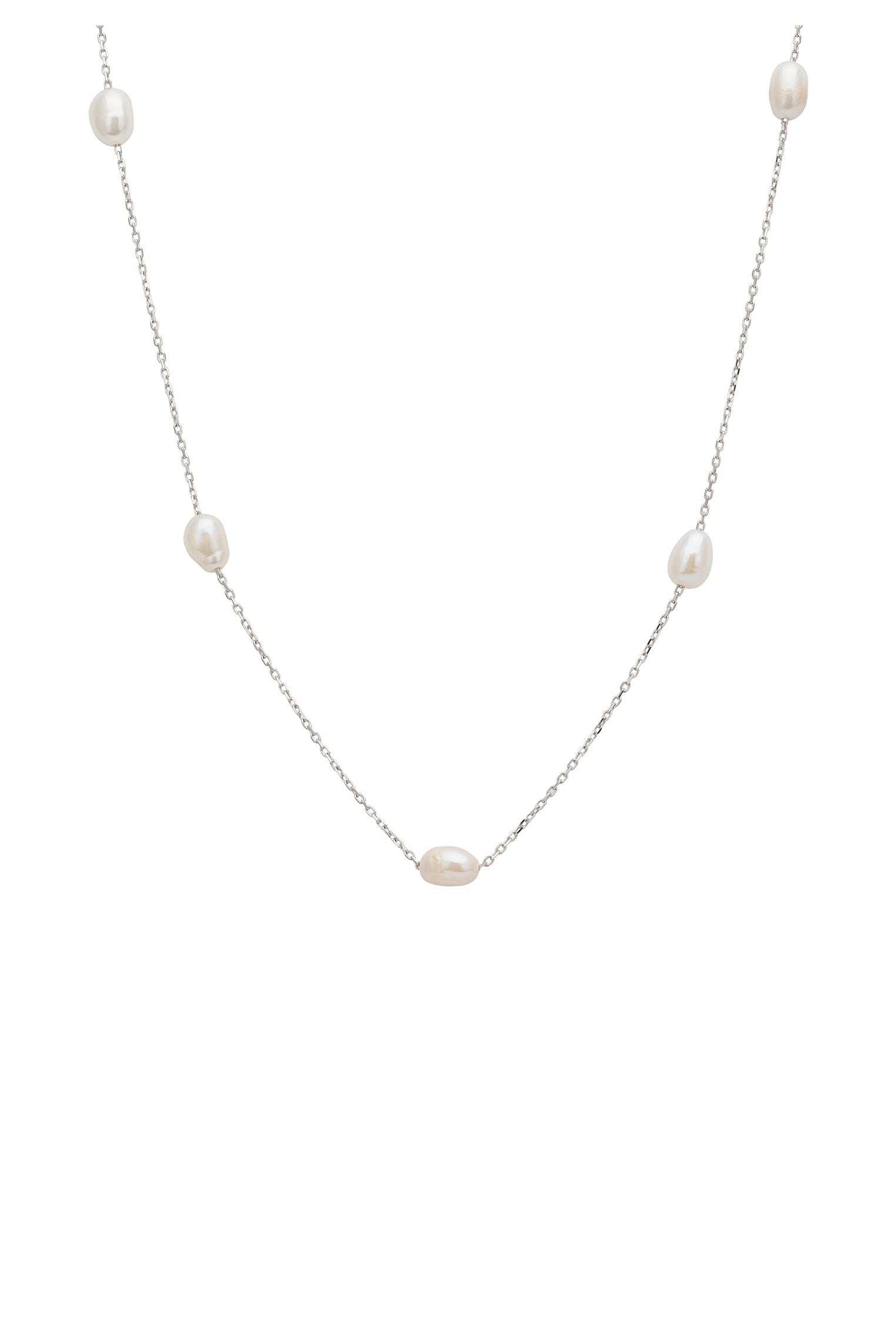 Solid 14k White Gold Natural Spaced Pearl Necklace