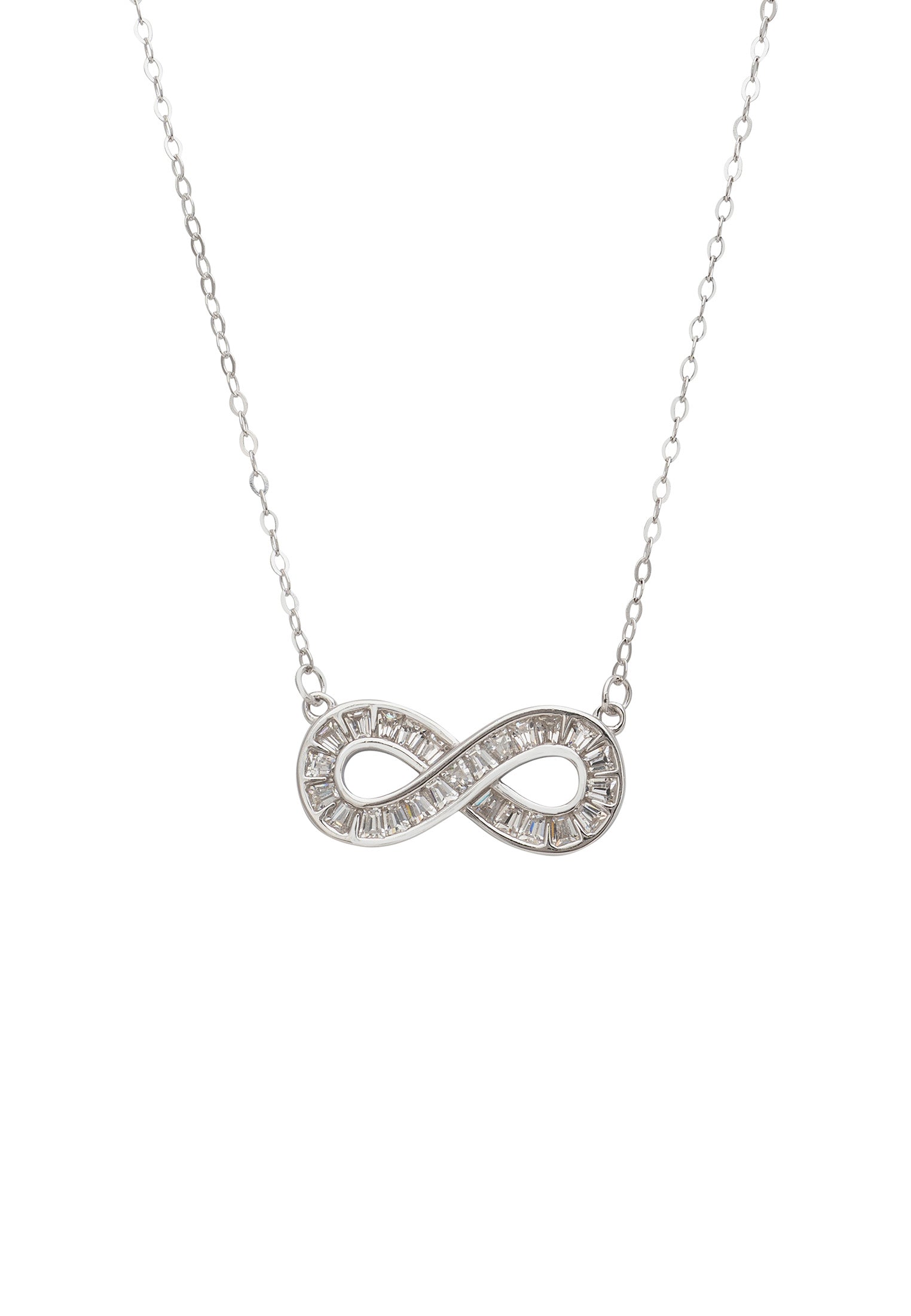 Silver infinity necklace on a white background