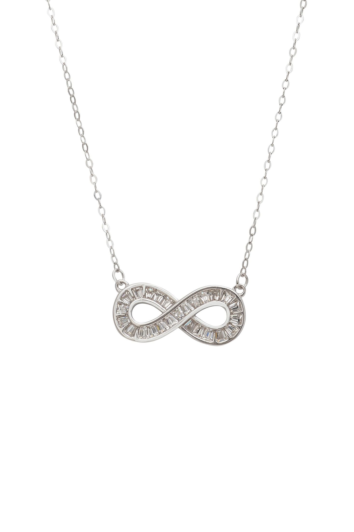 Silver infinity necklace on a white background