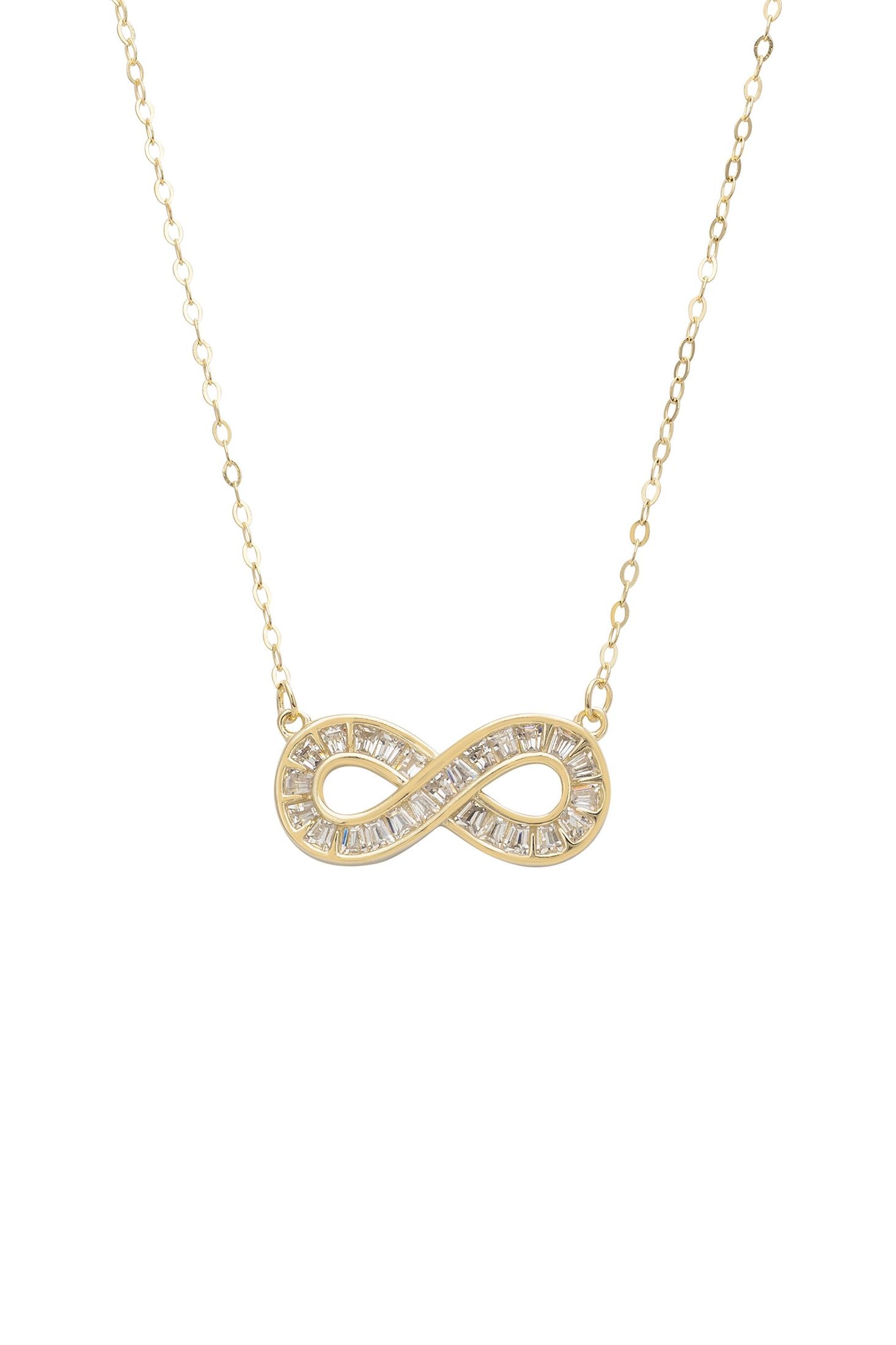Gold infinity necklace with gemstones on a white background