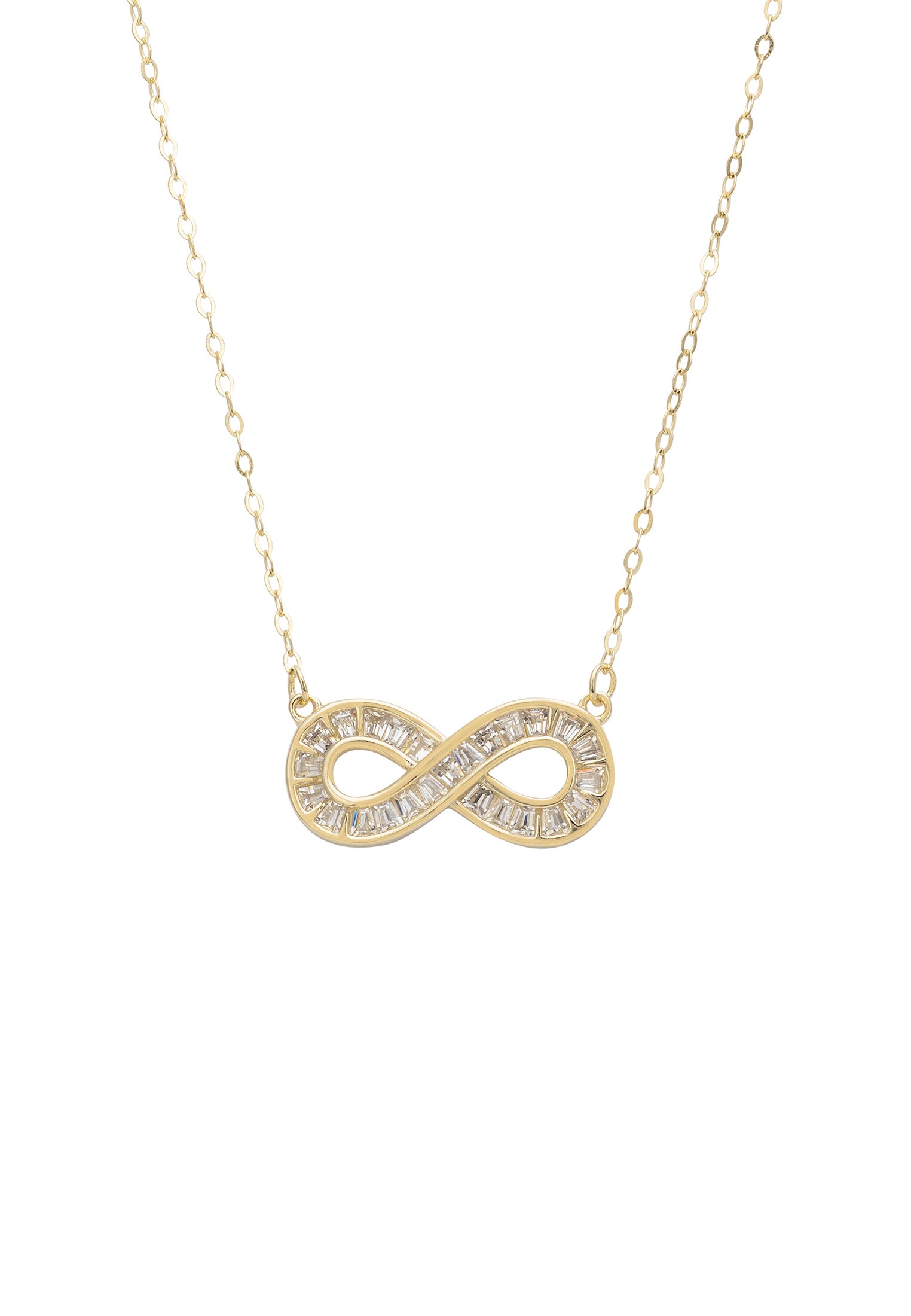 Gold infinity necklace with gemstones on a white background