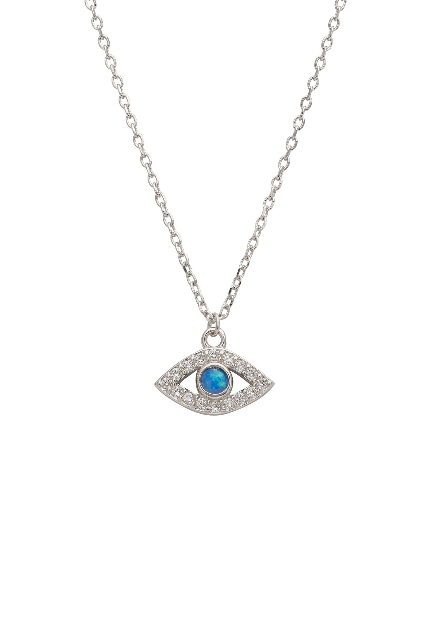 Silver necklace with an eye-shaped pendant on a white background