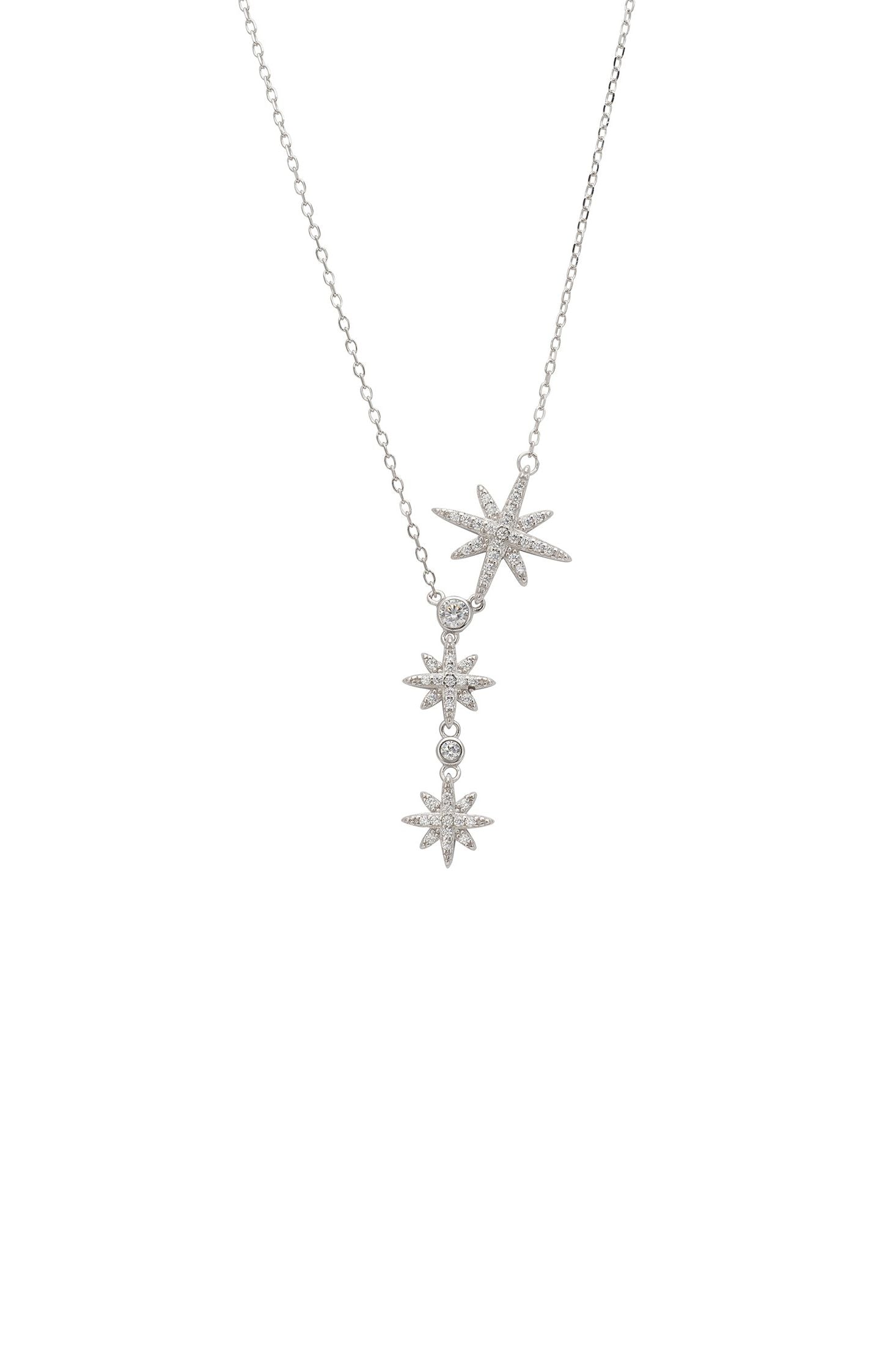 Silver necklace with star-shaped pendants on a white background