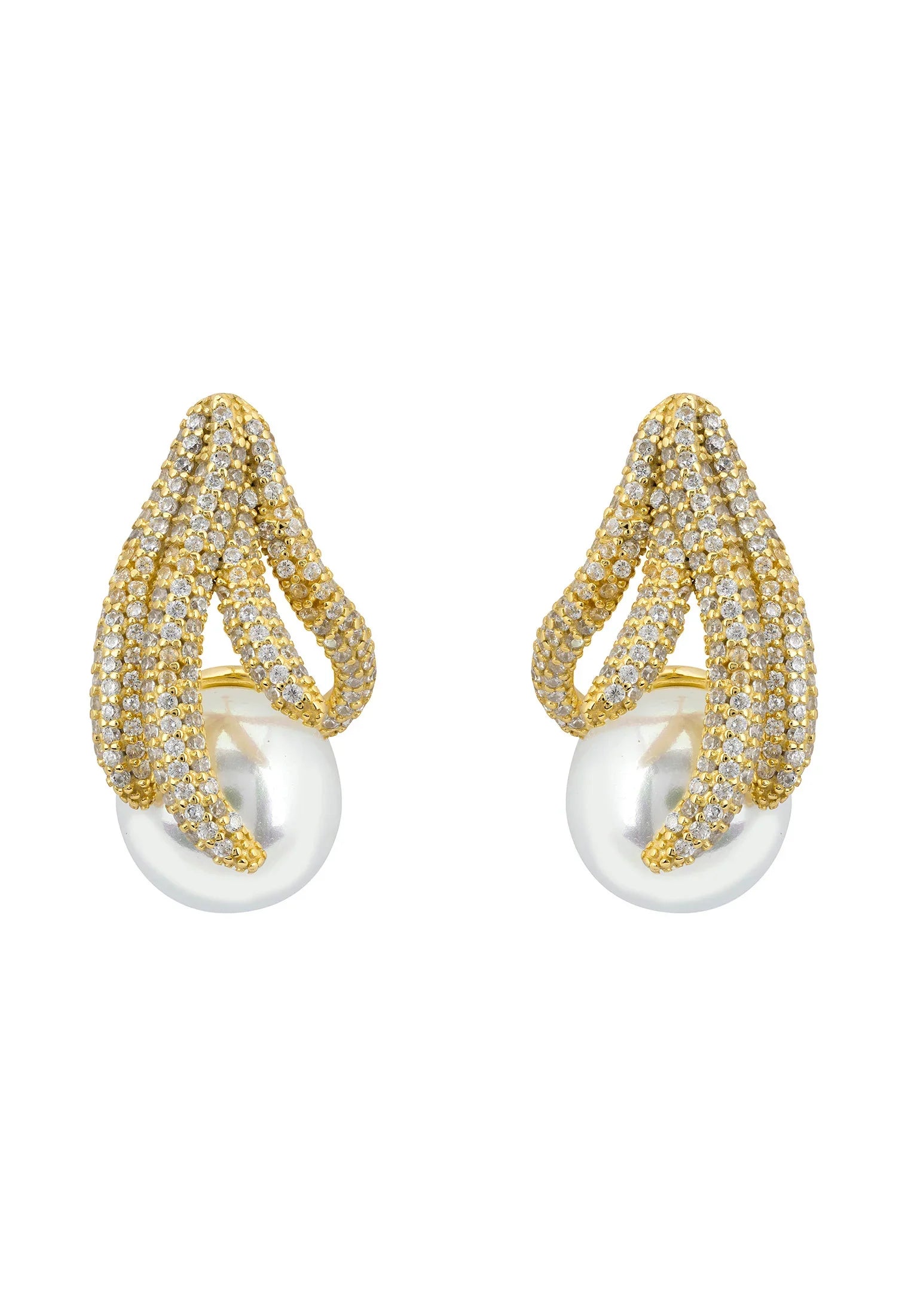 Gold aquatic tendril and pearl earrings.