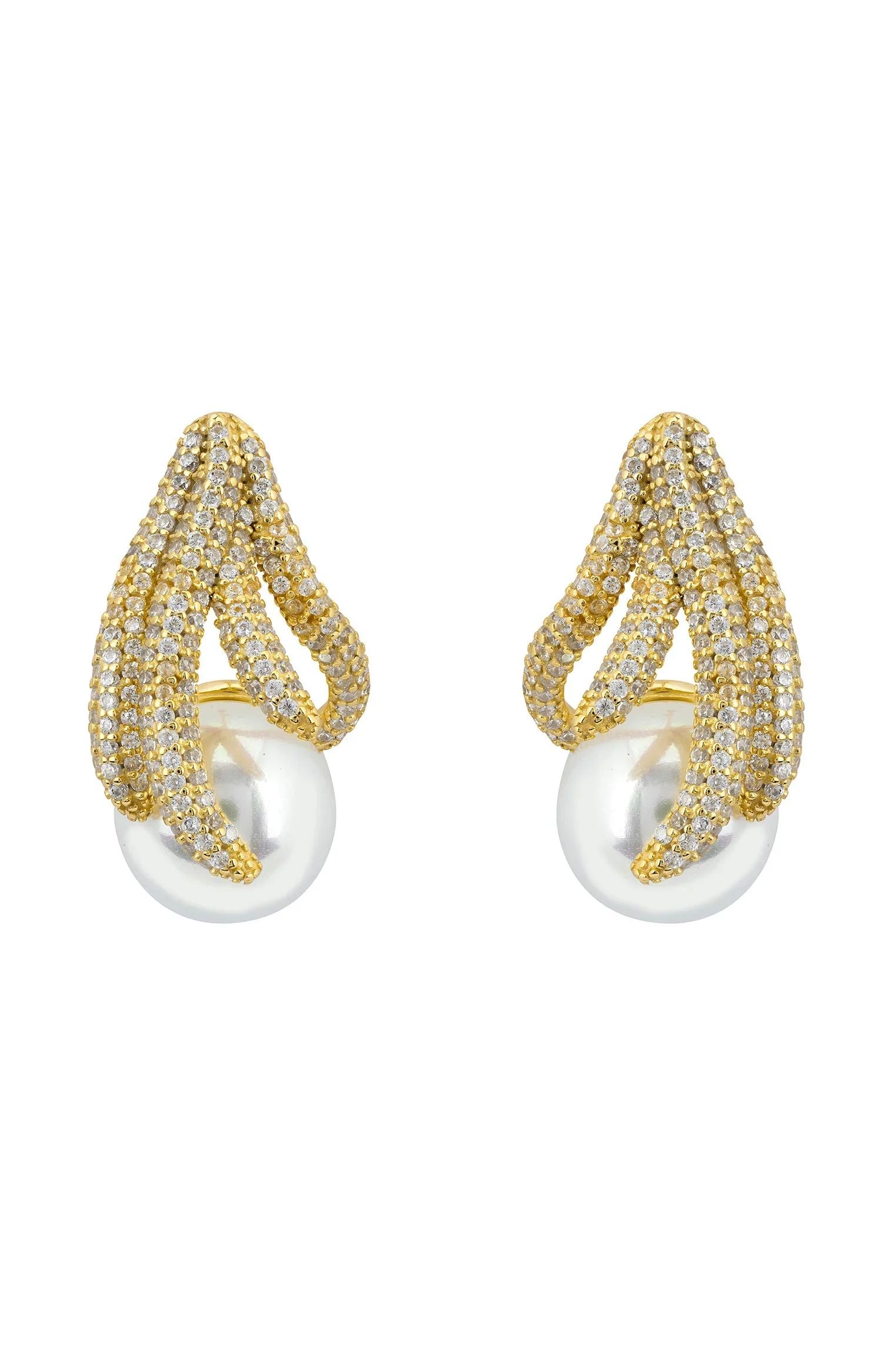 Gold aquatic tendril and pearl earrings.