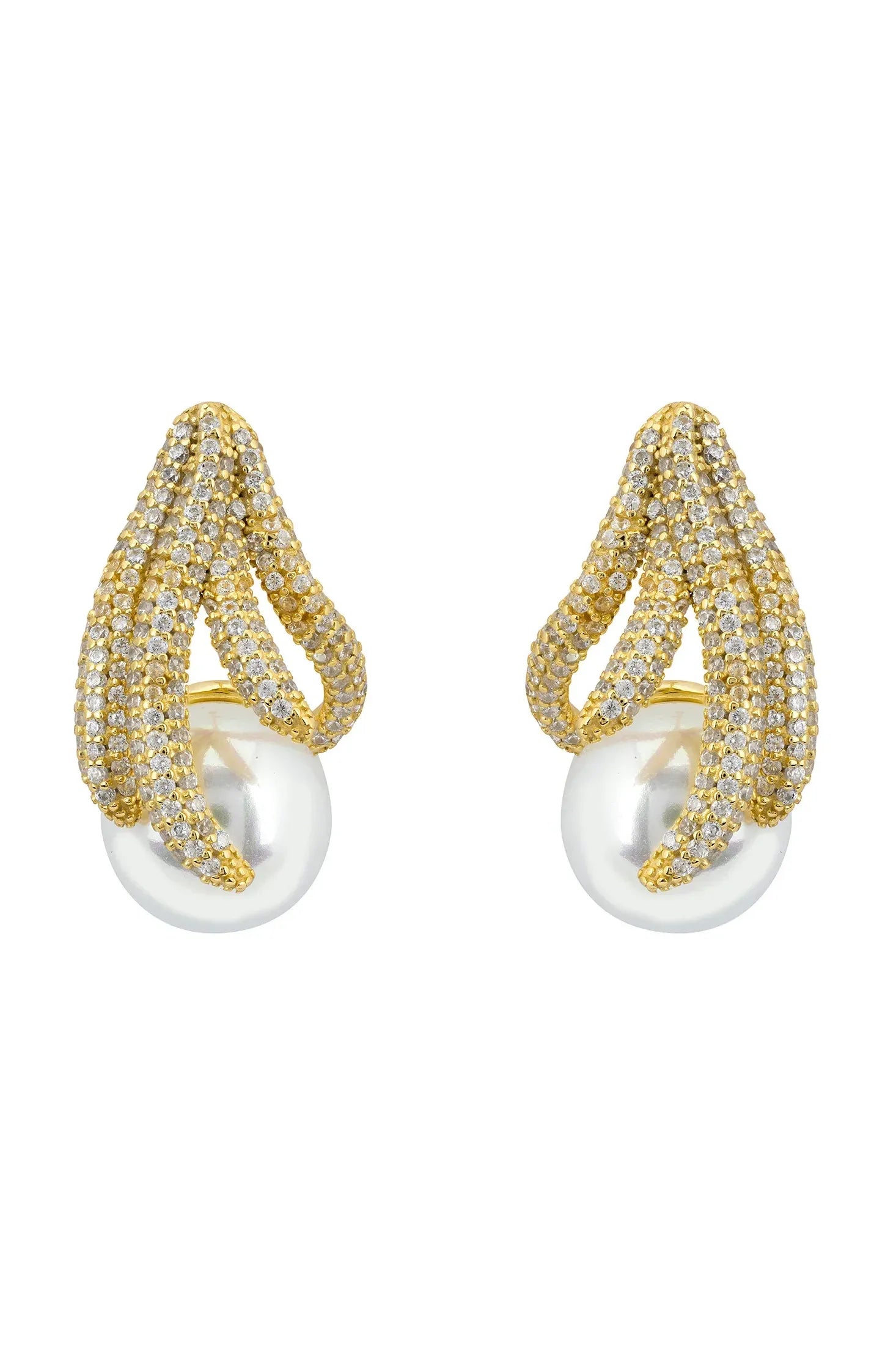 Gold aquatic tendril and pearl earrings.