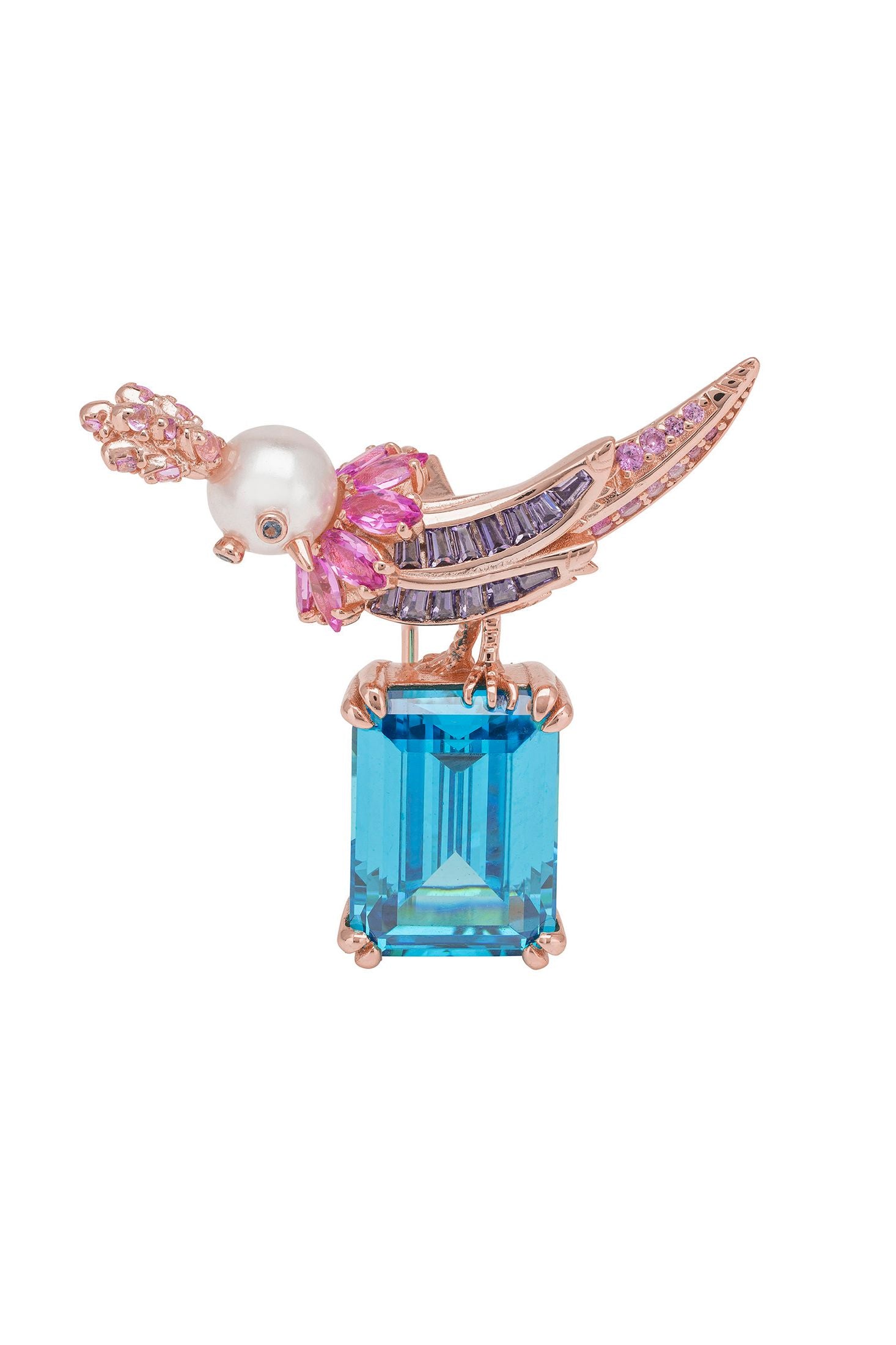 Front view of Bird Of Paradise Pearl Brooch Blue Topaz Rose Gold, showing cat design, pearl and blue topaz detailing, rose gold finish.
