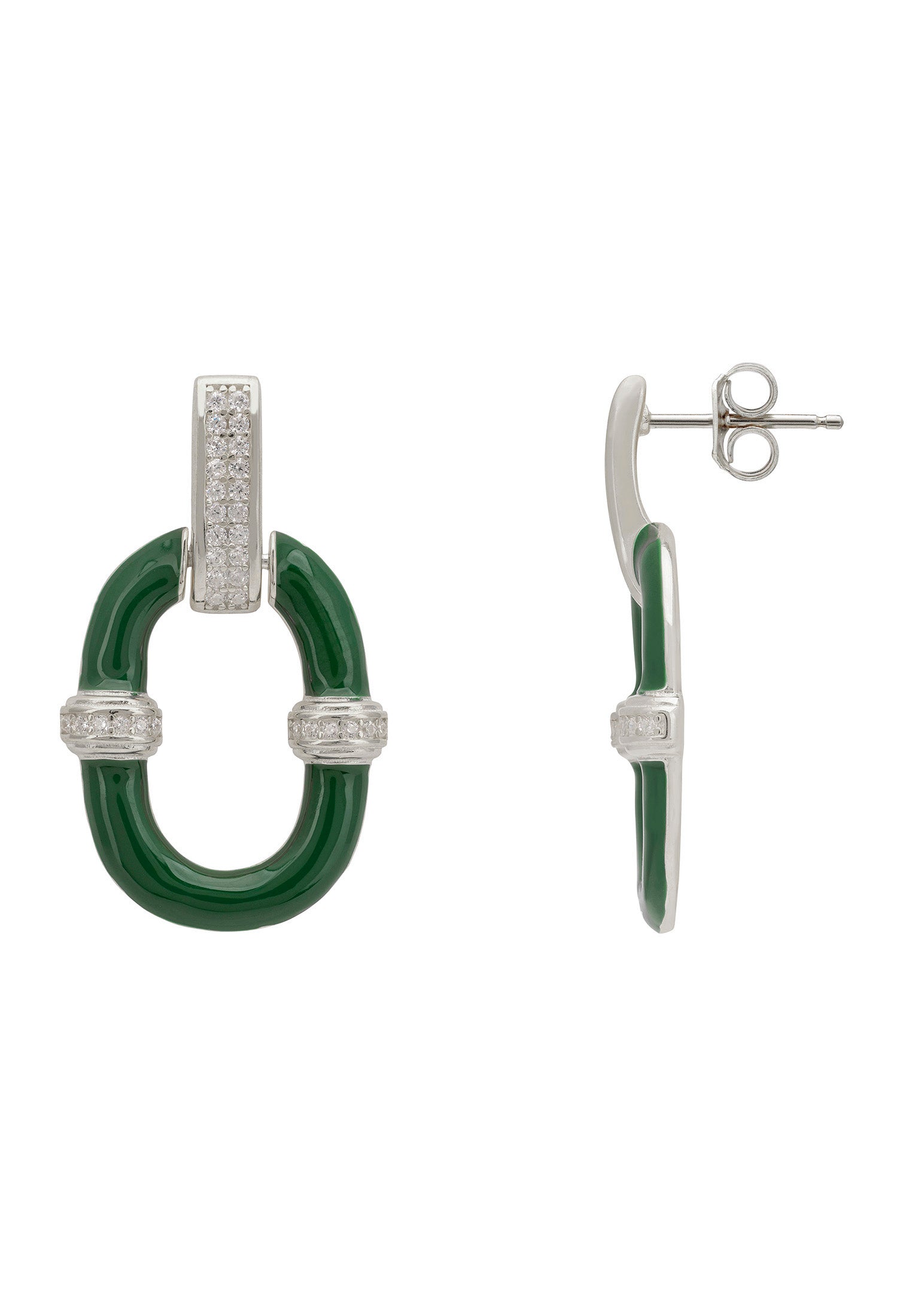 Pair of earrings with green circular design and silver accents on a white background