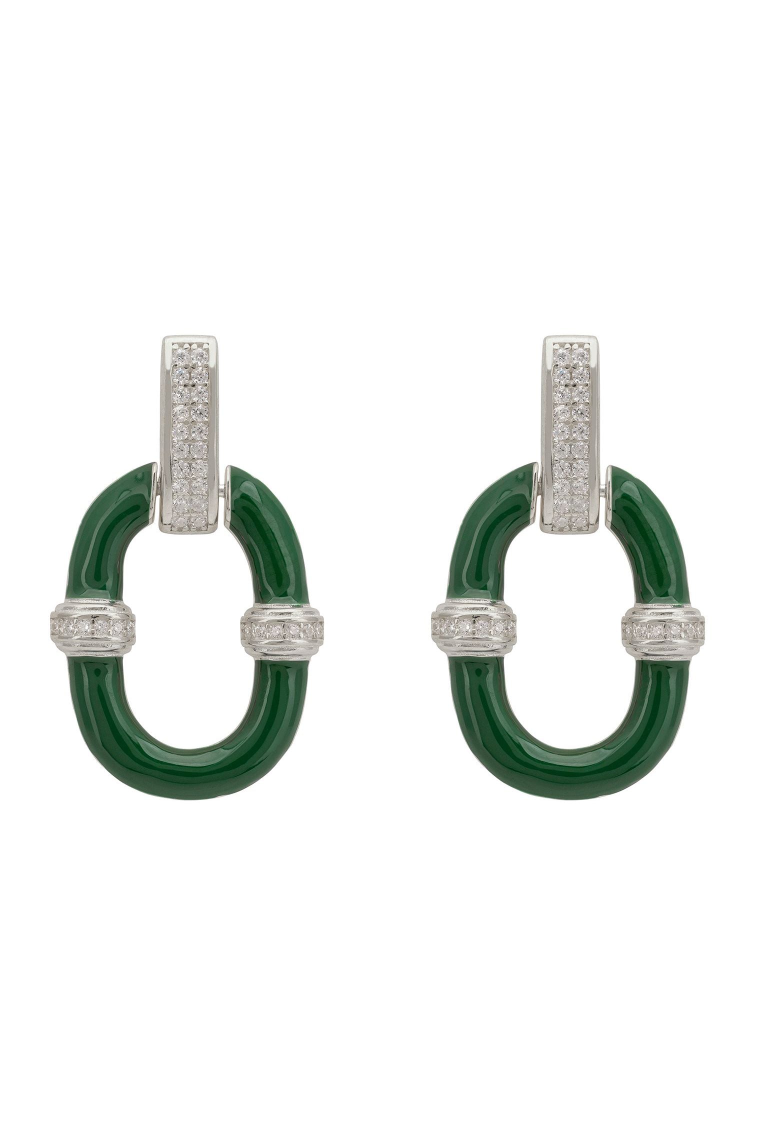 Emerald Green Enamel Oval Drop Earrings Silver