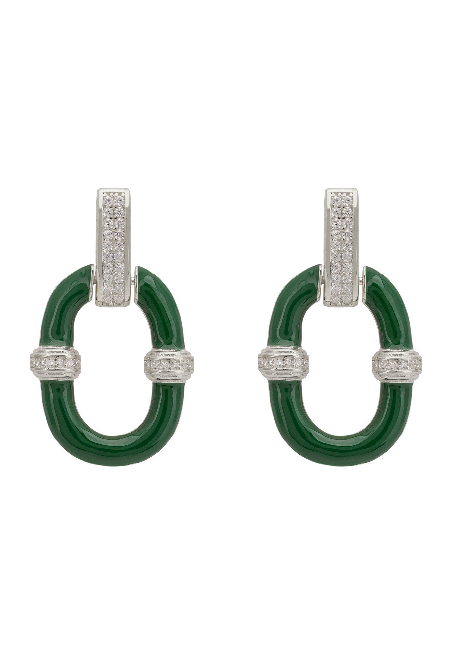 Pair of green earrings with silver accents on a white background