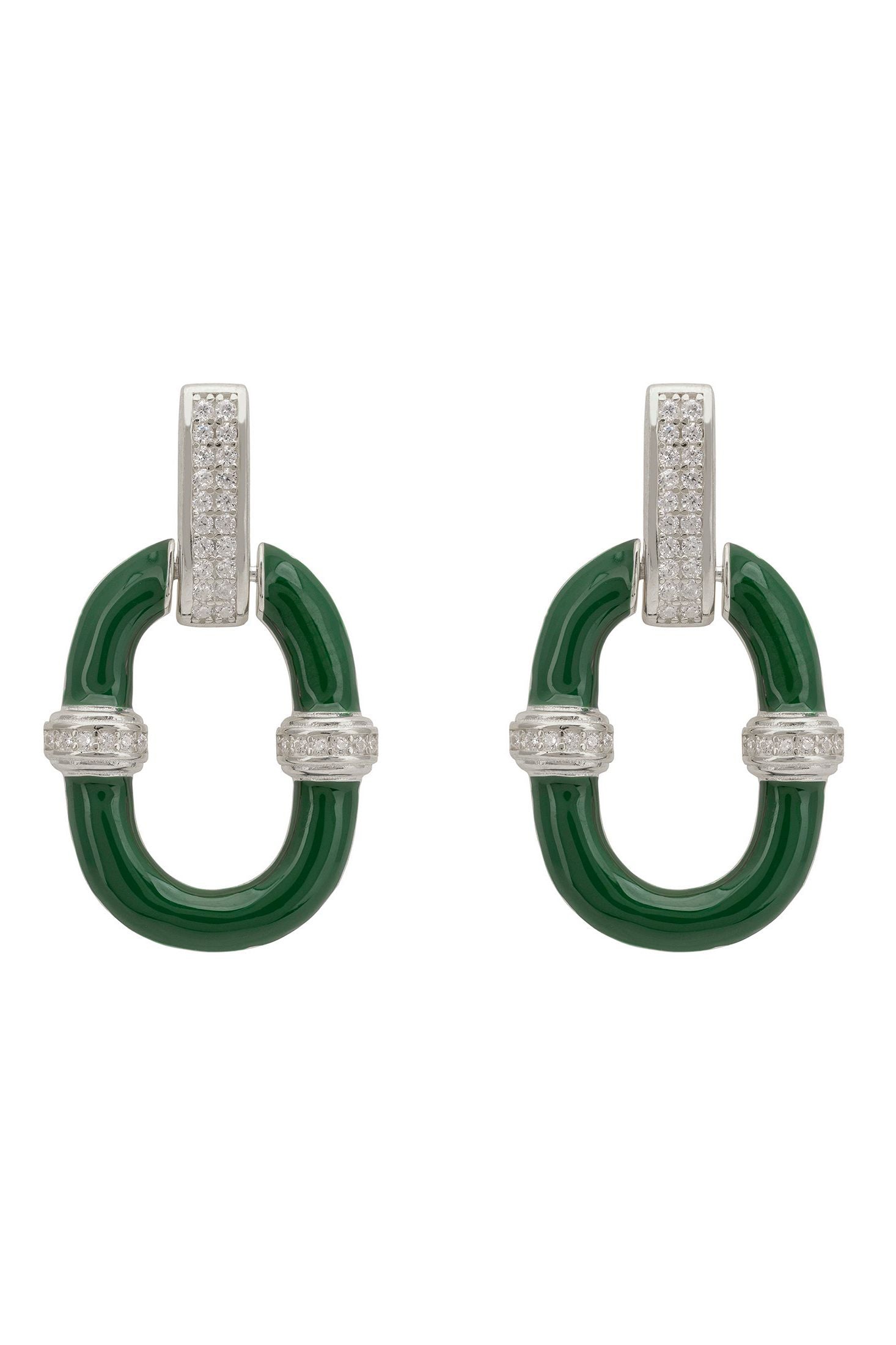 Pair of green earrings with silver accents on a white background