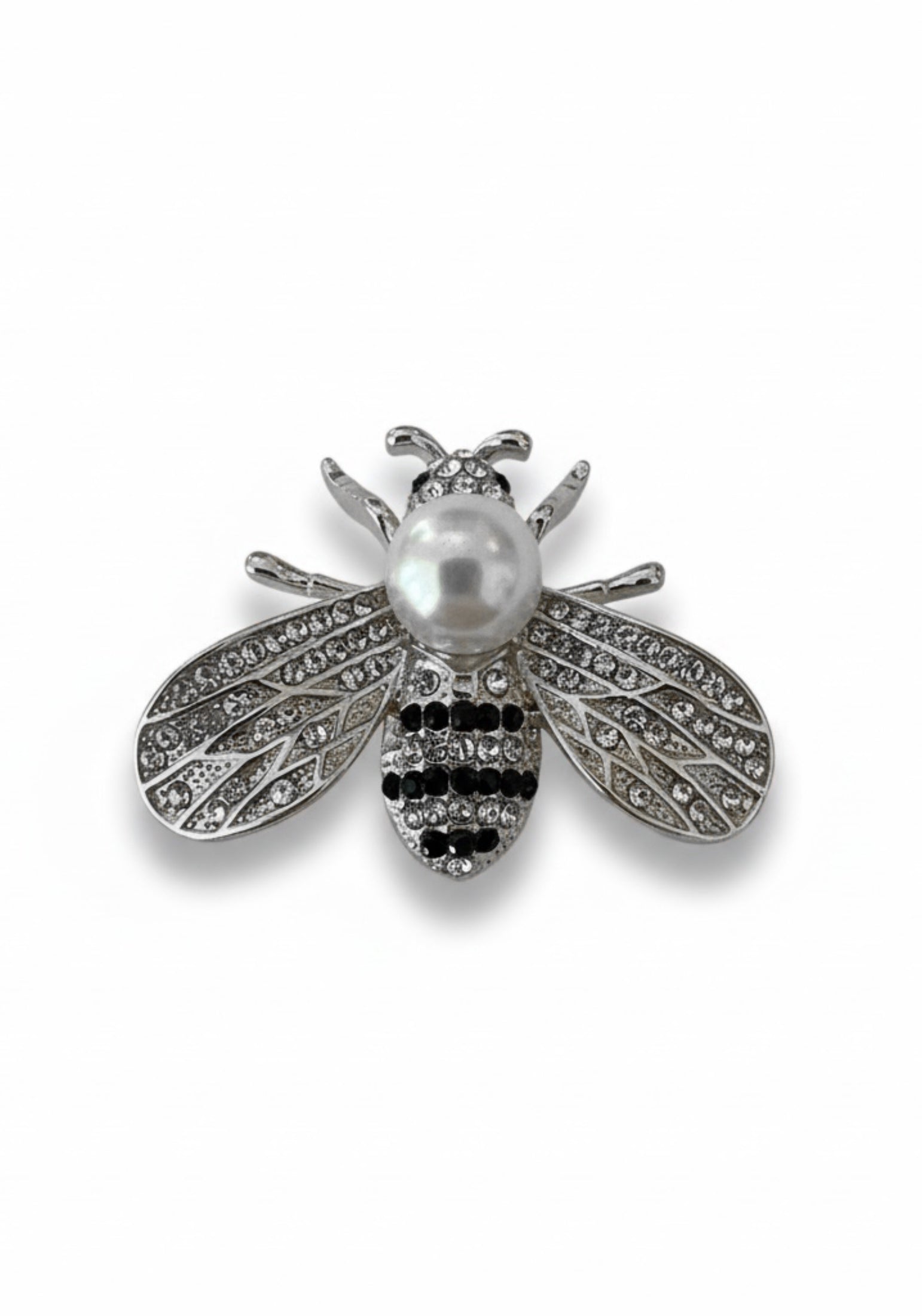 Bee brooch with pearl and gemstone details on a white background