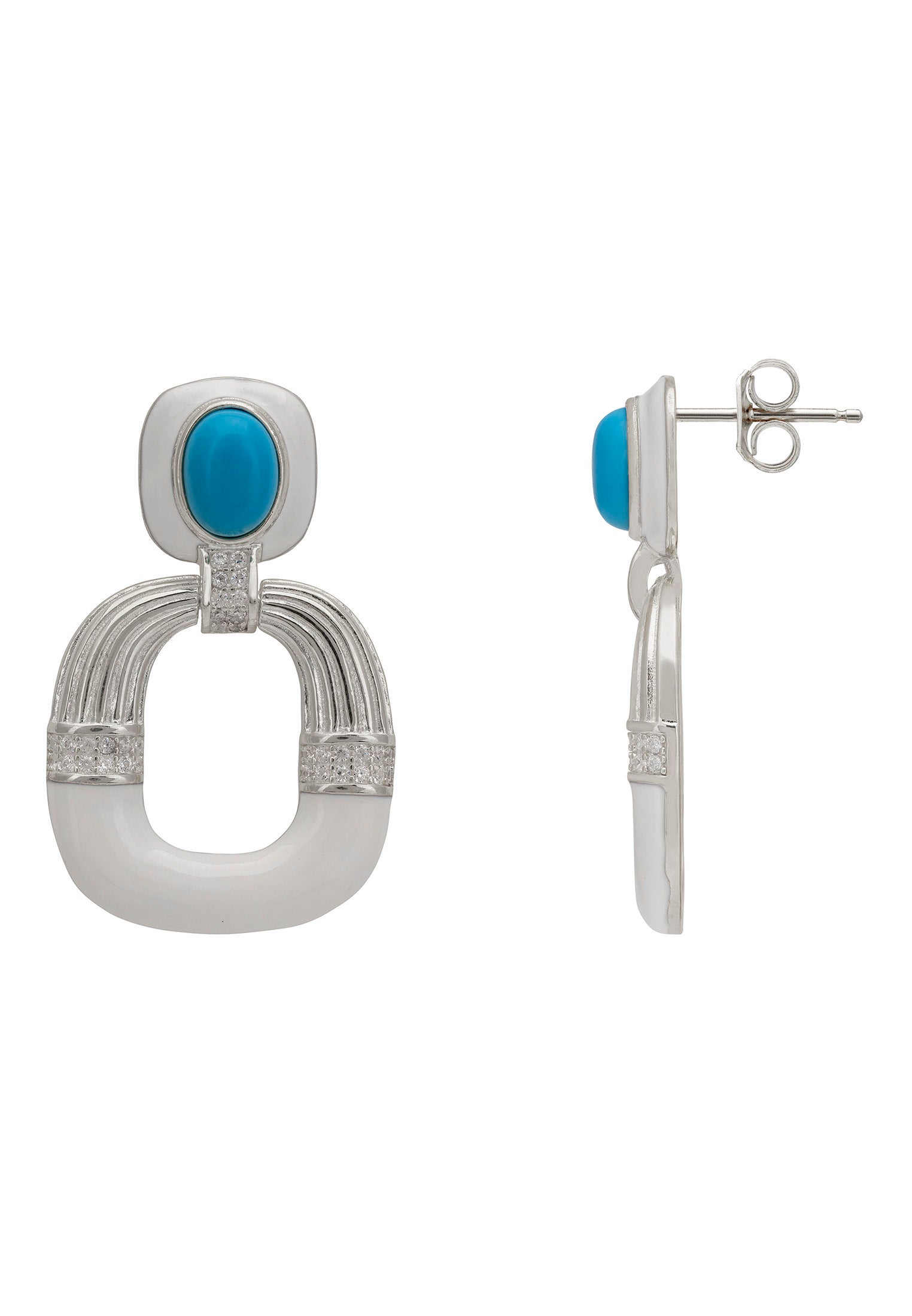 Silver earrings with turquoise stones on a white background