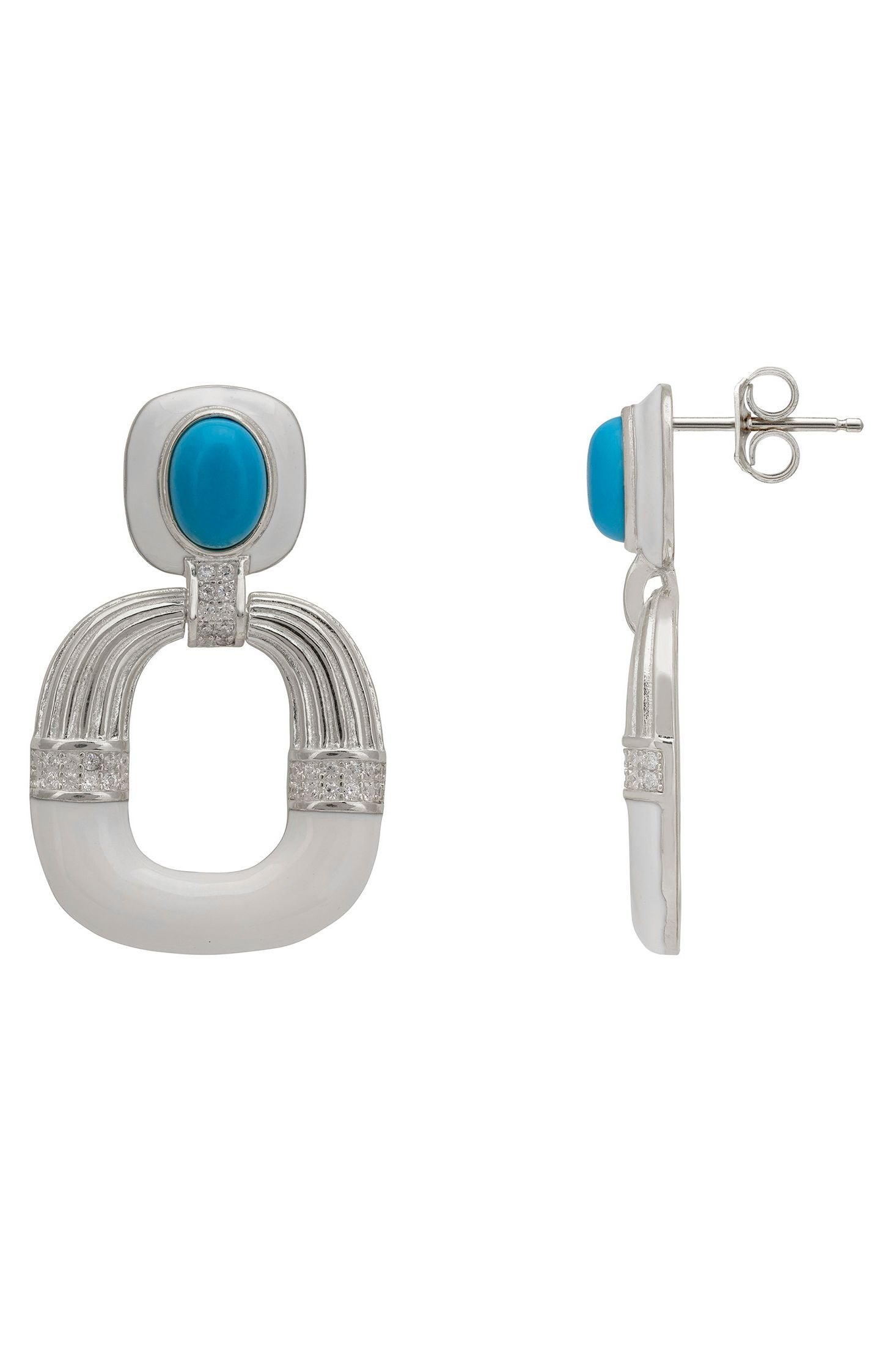 Silver earrings with turquoise stones on a white background