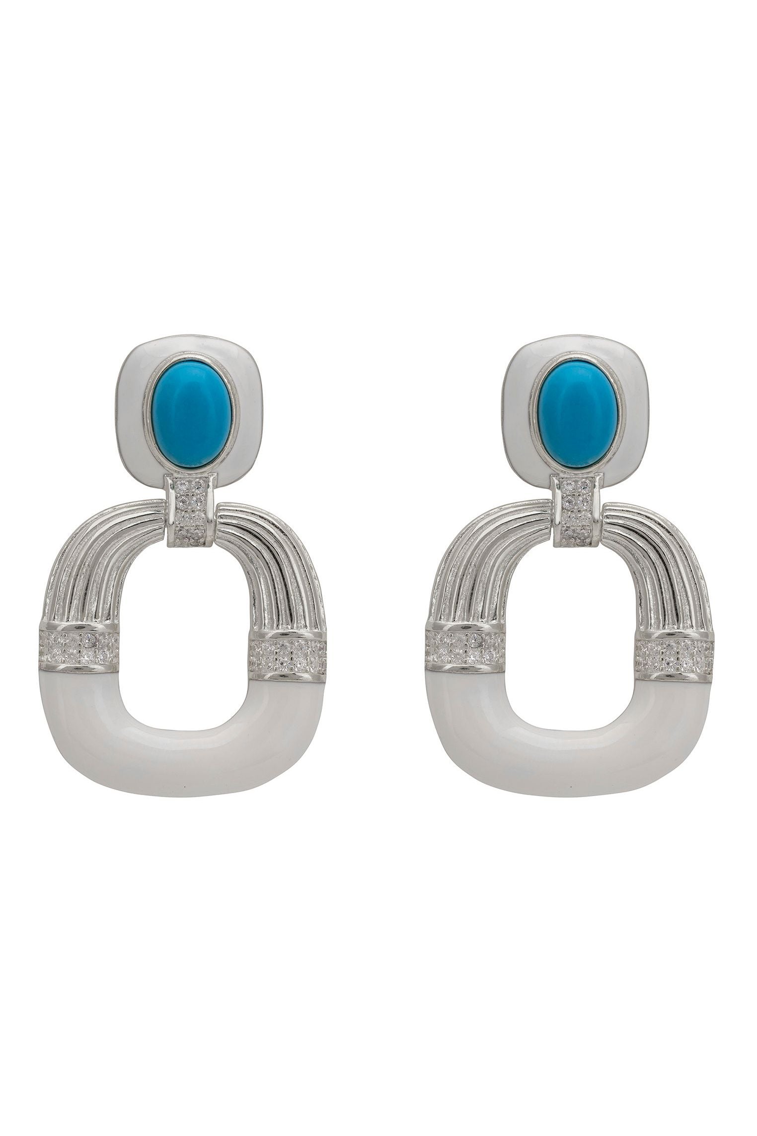 Deco Darling Drop Earrings Turquoise And White Enamel Silver
