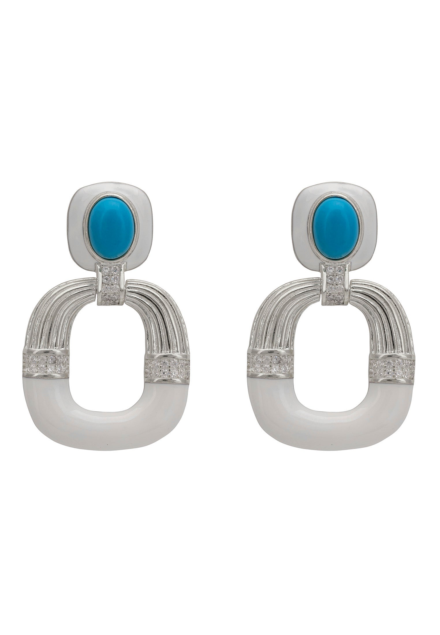 Pair of silver earrings with turquoise stones on a white background