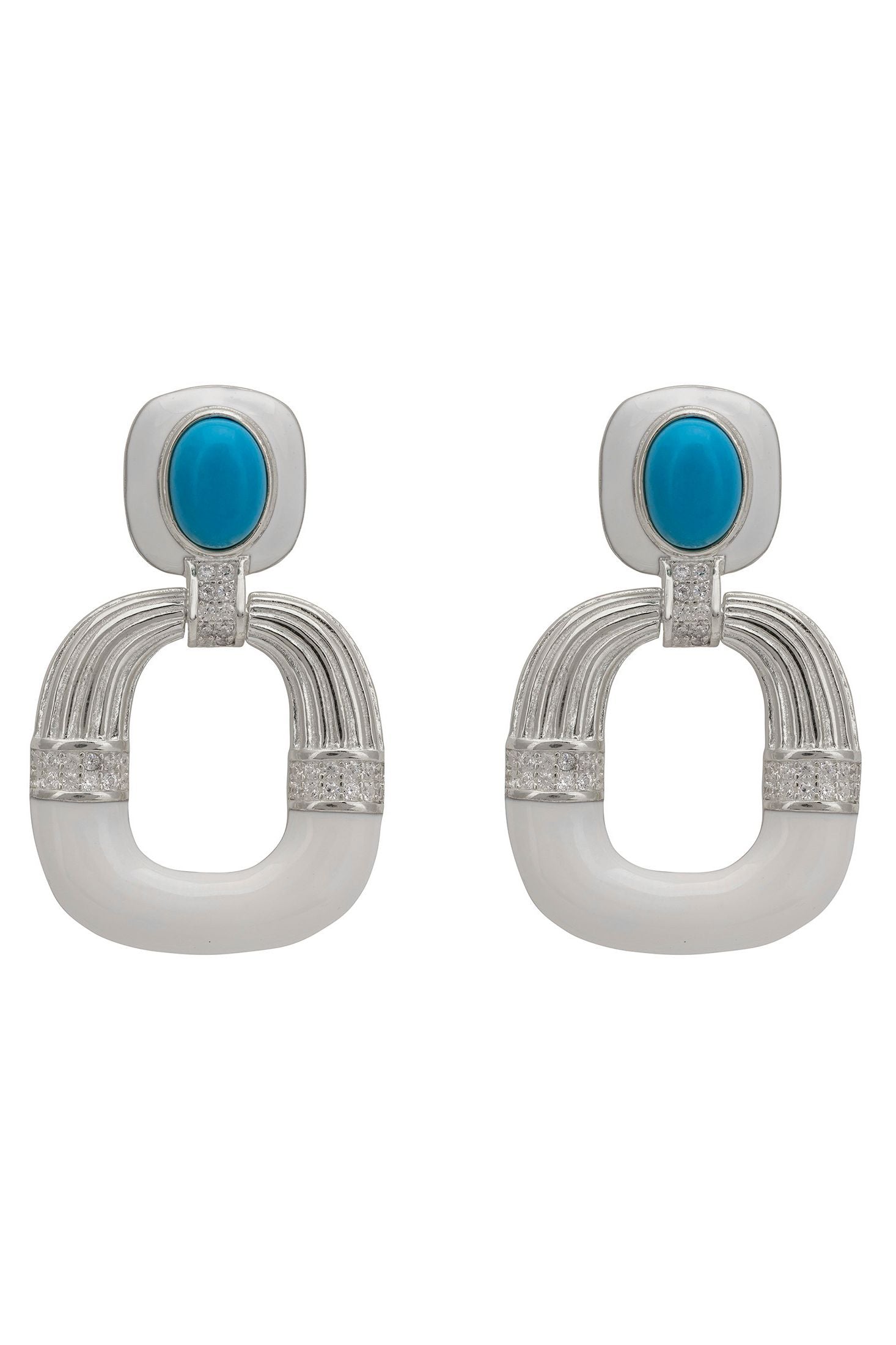 Pair of silver earrings with turquoise stones on a white background