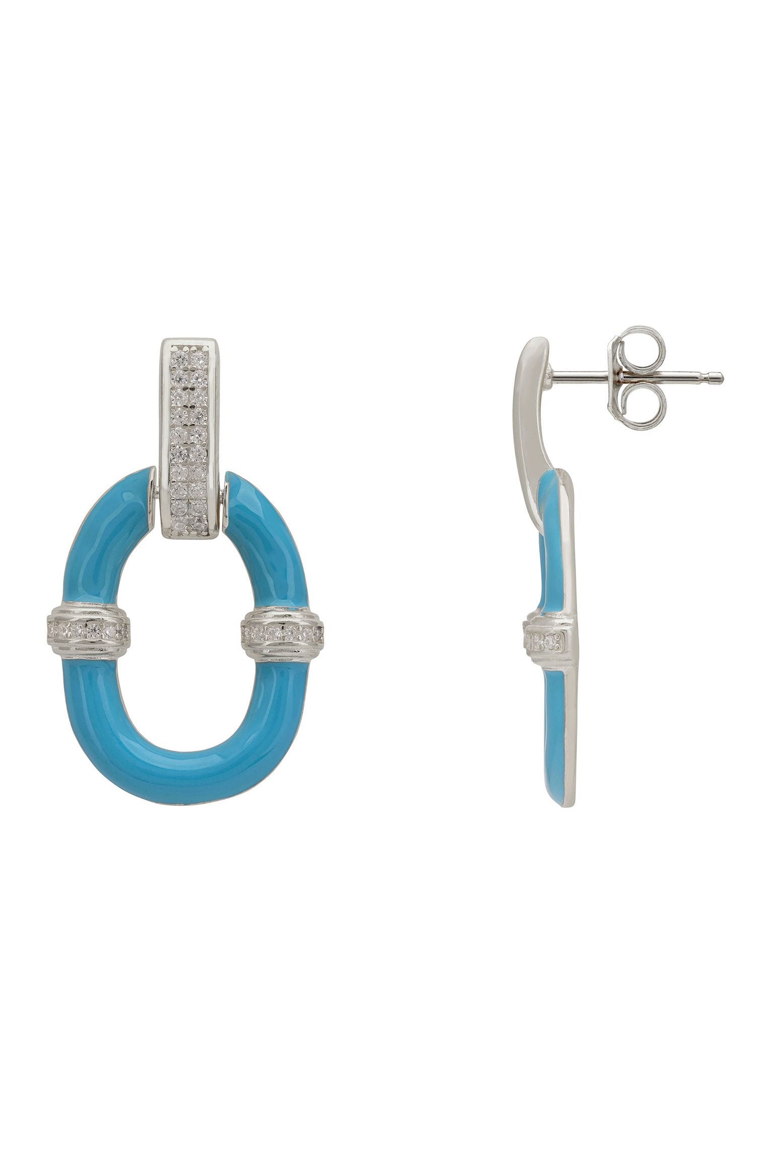 Turquoise Enamel Oval Drop Earrings Silver