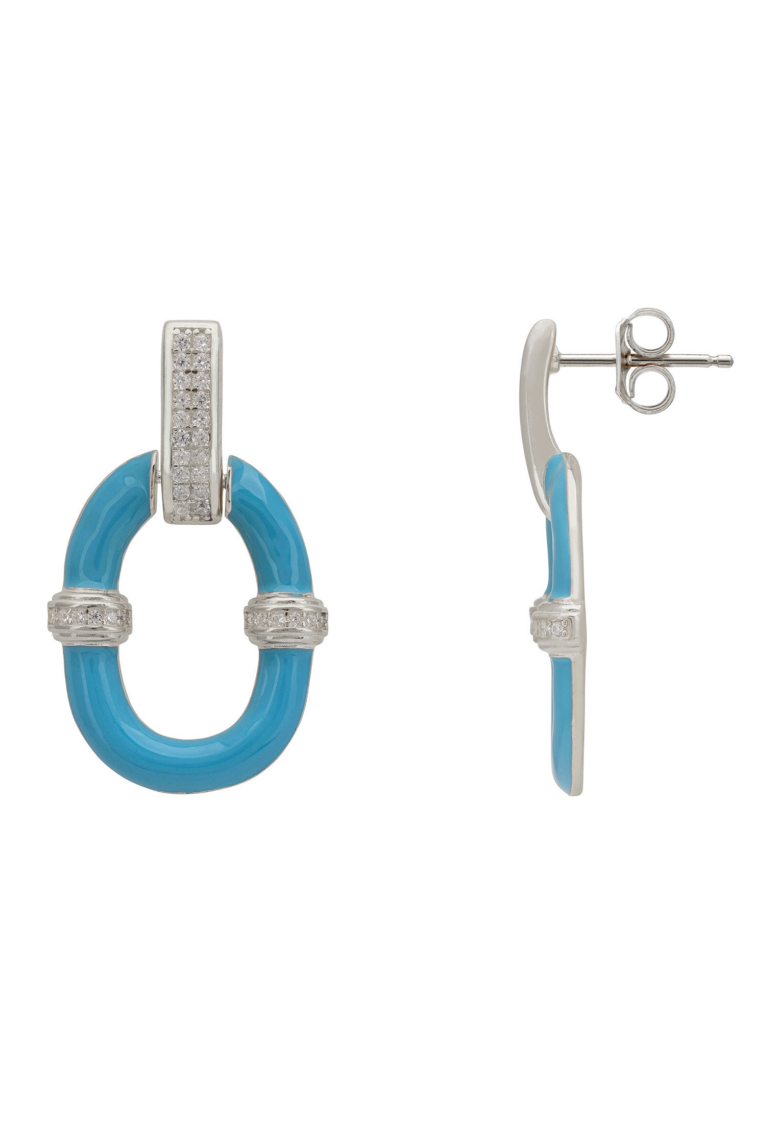 Pair of earrings with turquoise circular design and silver accents on a white background