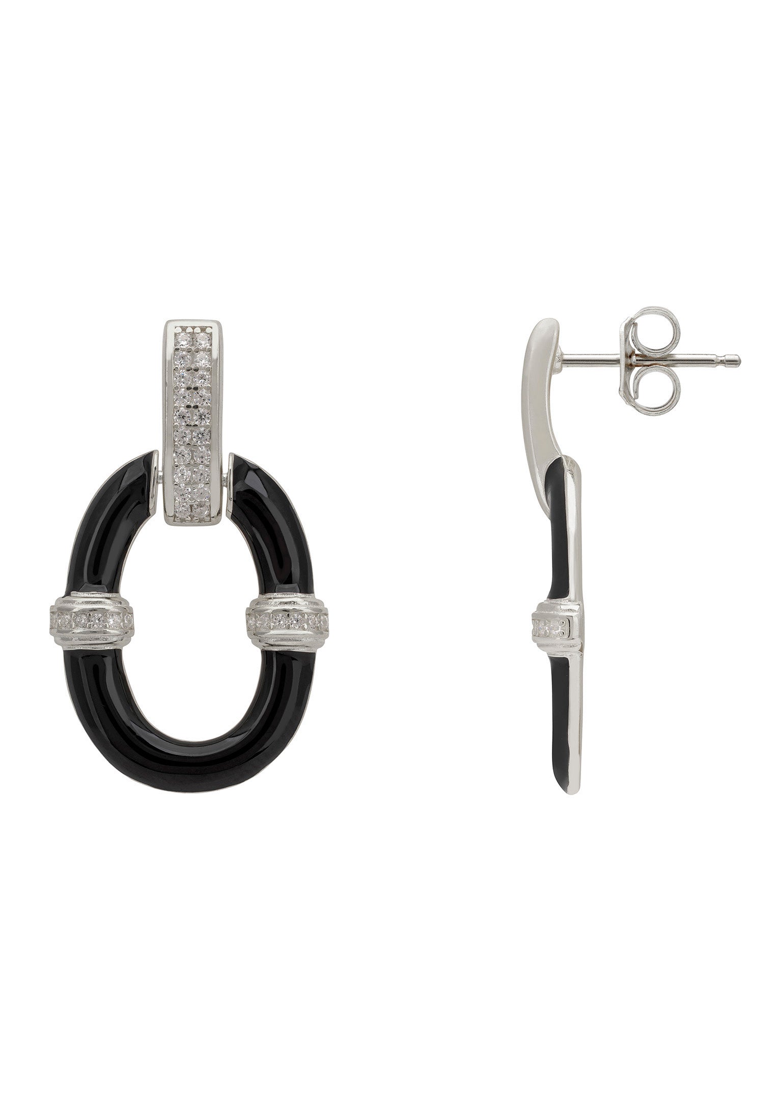 Pair of earrings with black design and silver accents on a white background