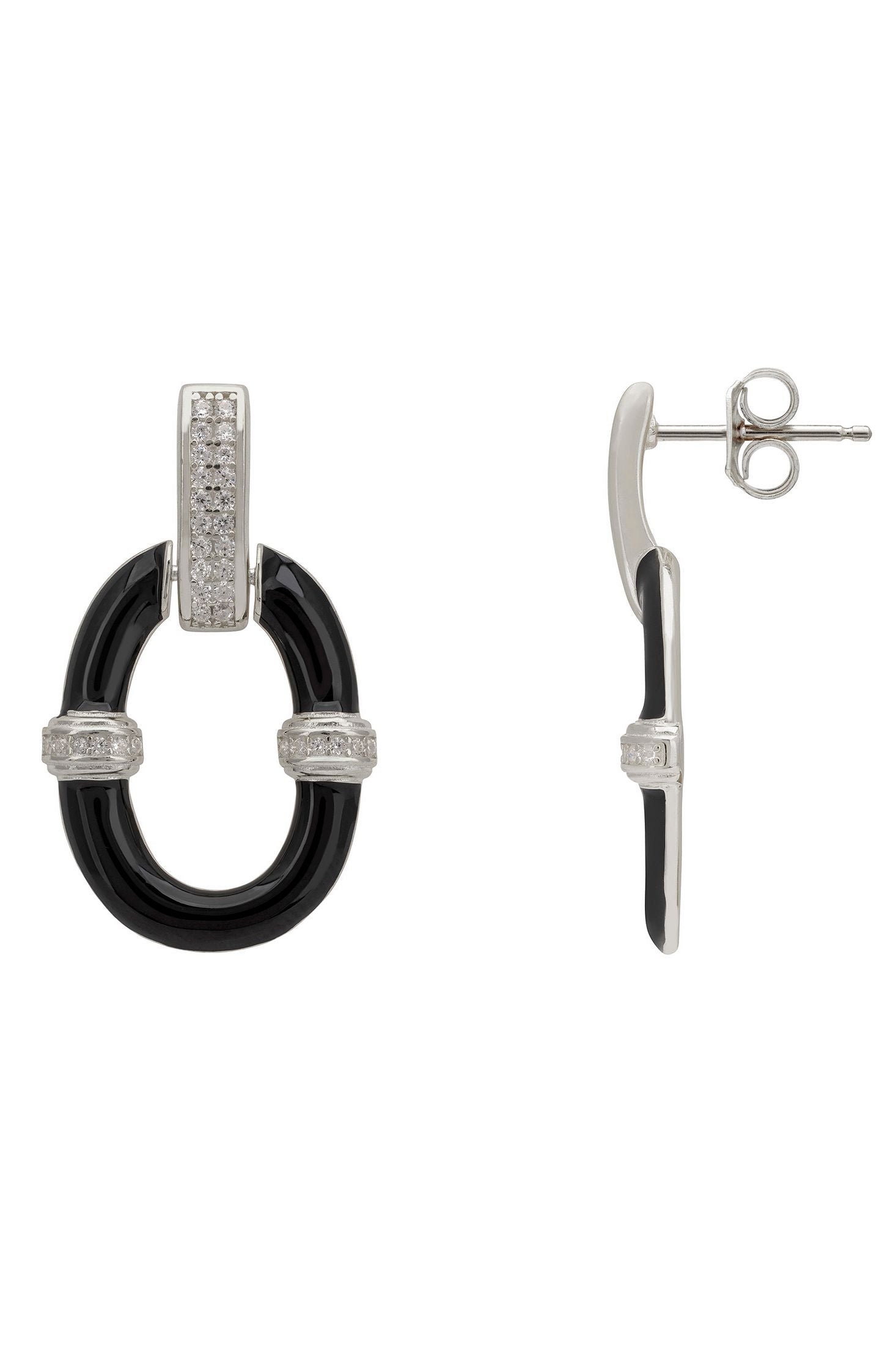 Pair of earrings with black design and silver accents on a white background