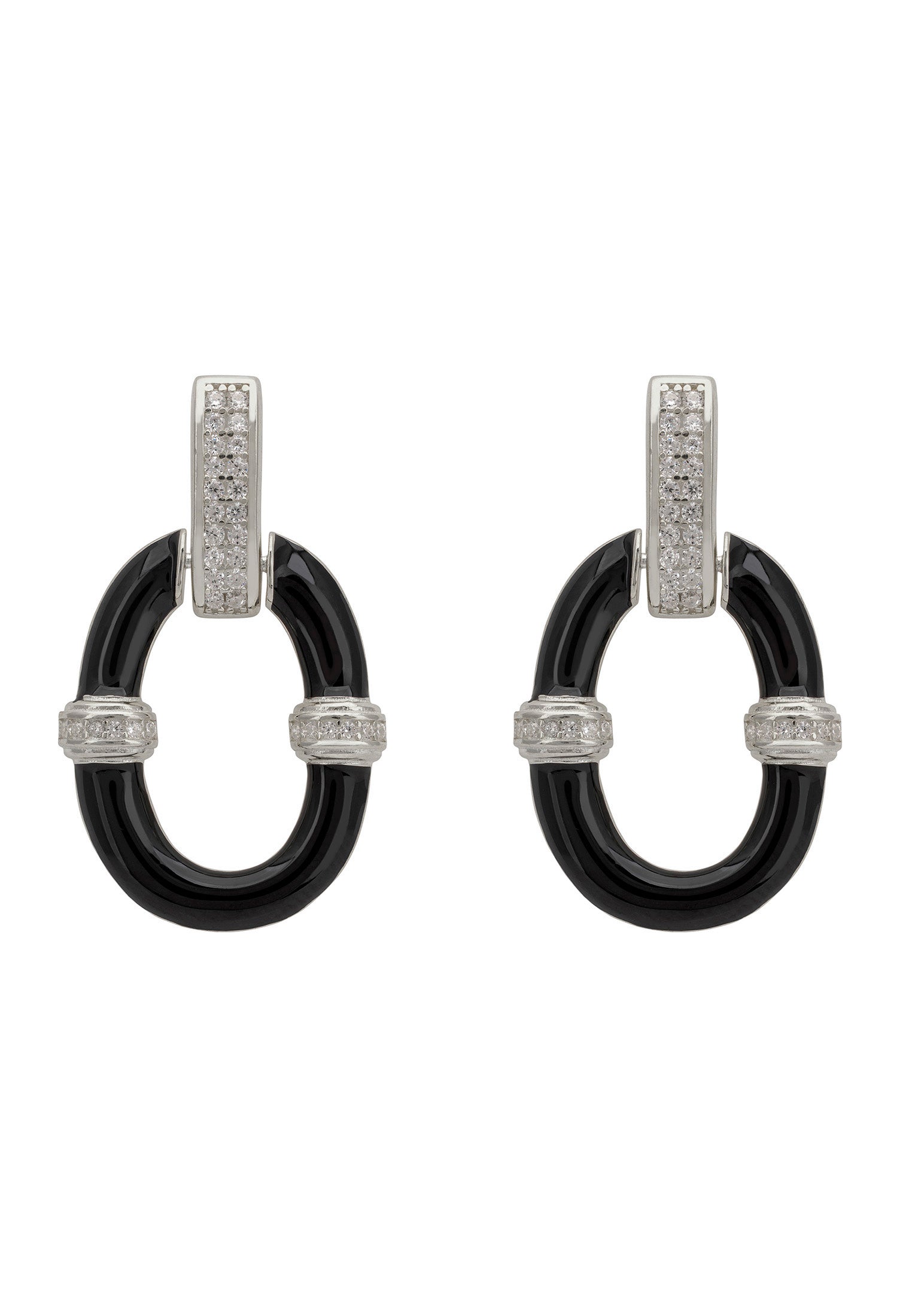 Pair of black and silver earrings with silver accents on a white background