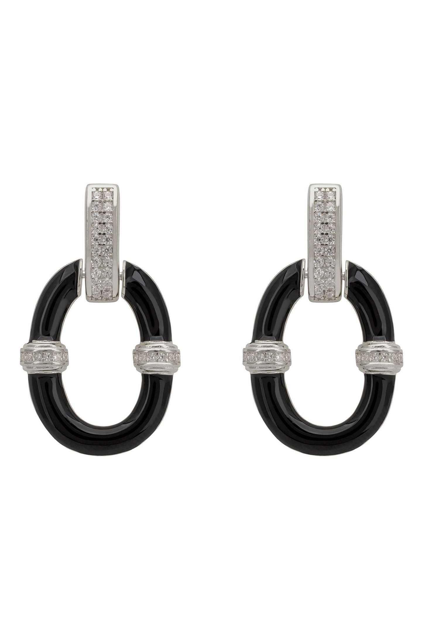 Pair of black and silver earrings with silver accents on a white background