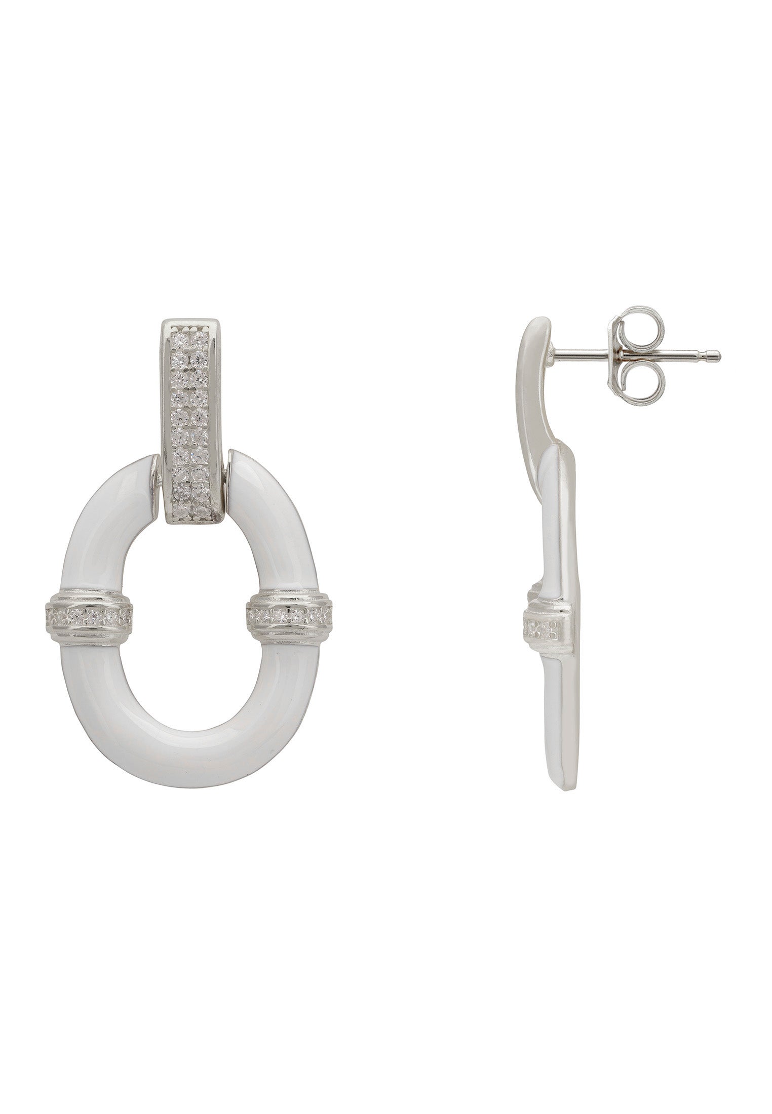 White Enamel Oval Drop Earrings Silver