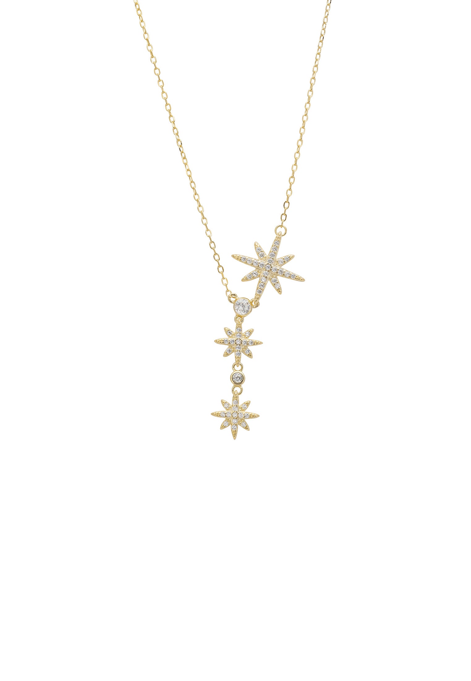 Gold necklace with star-shaped pendants on a white background