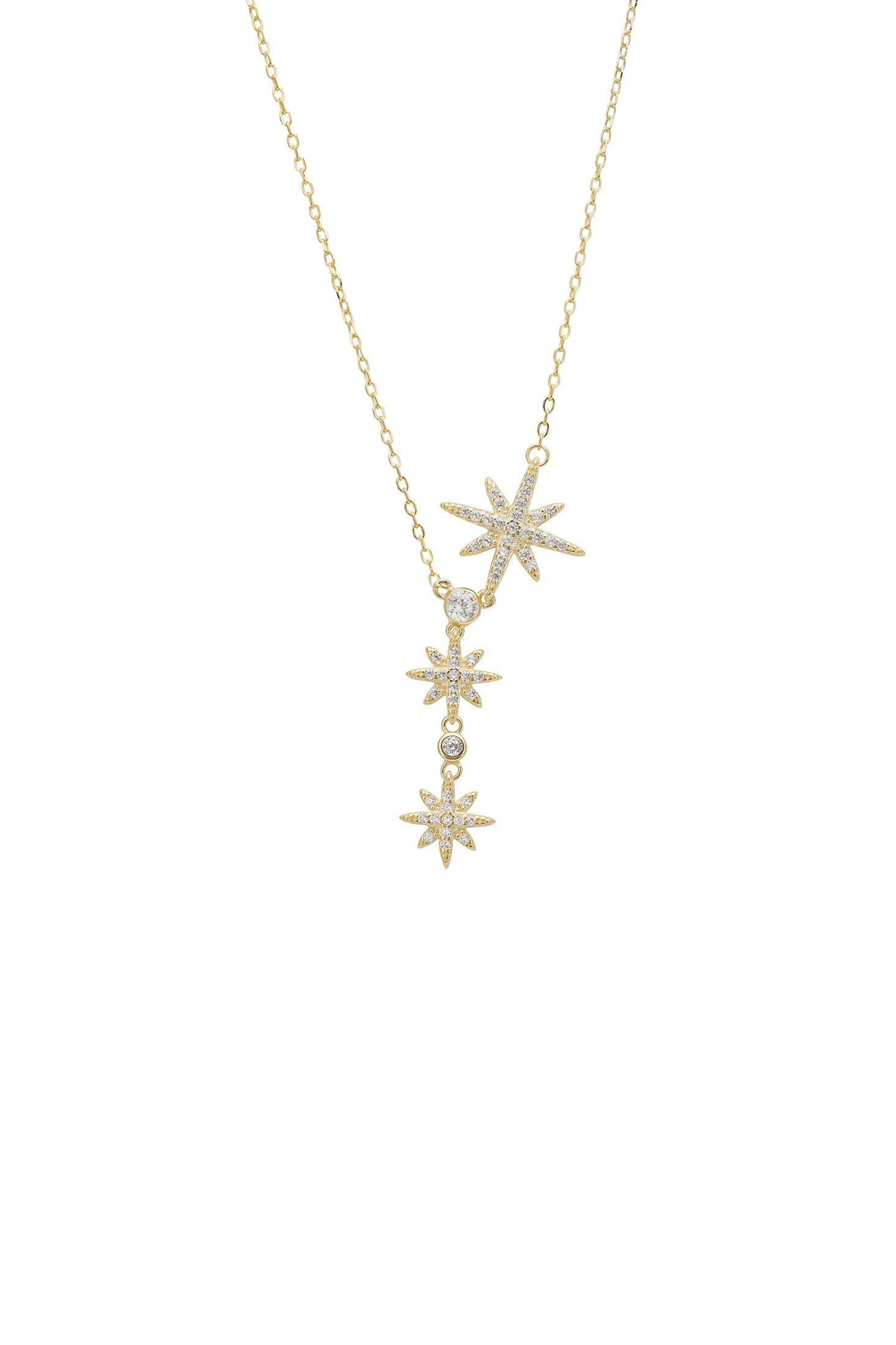 Gold necklace with star-shaped pendants on a white background