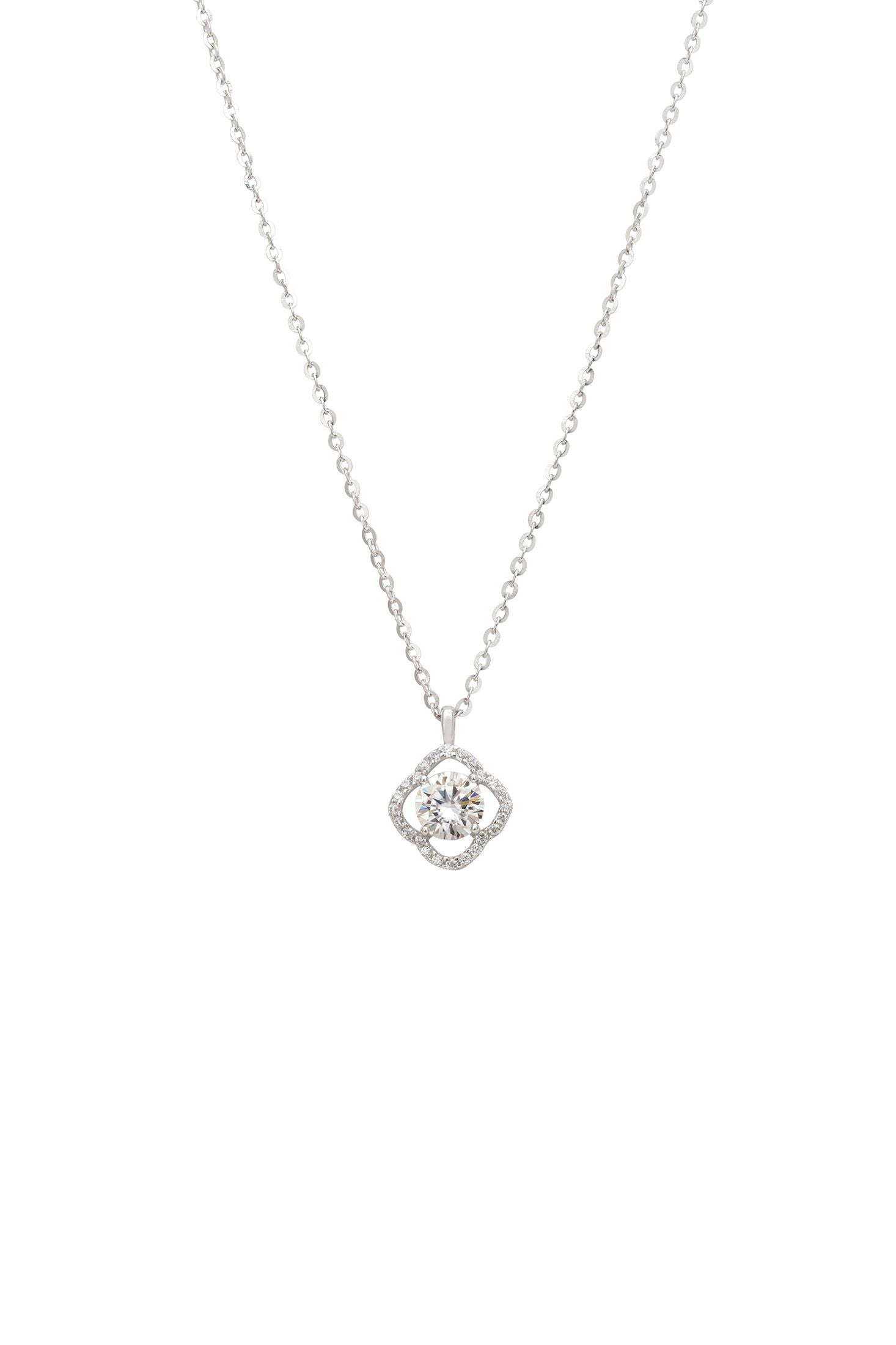 Silver necklace with a floral pendant on a white background