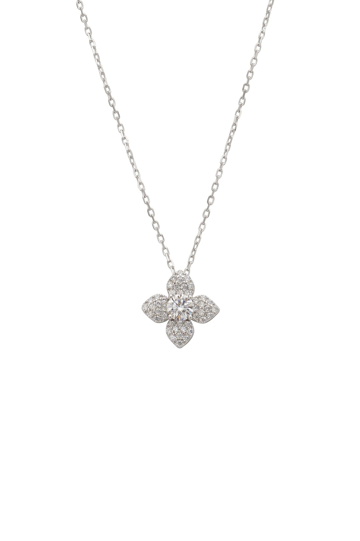 Silver necklace with a clover-shaped pendant on a white background