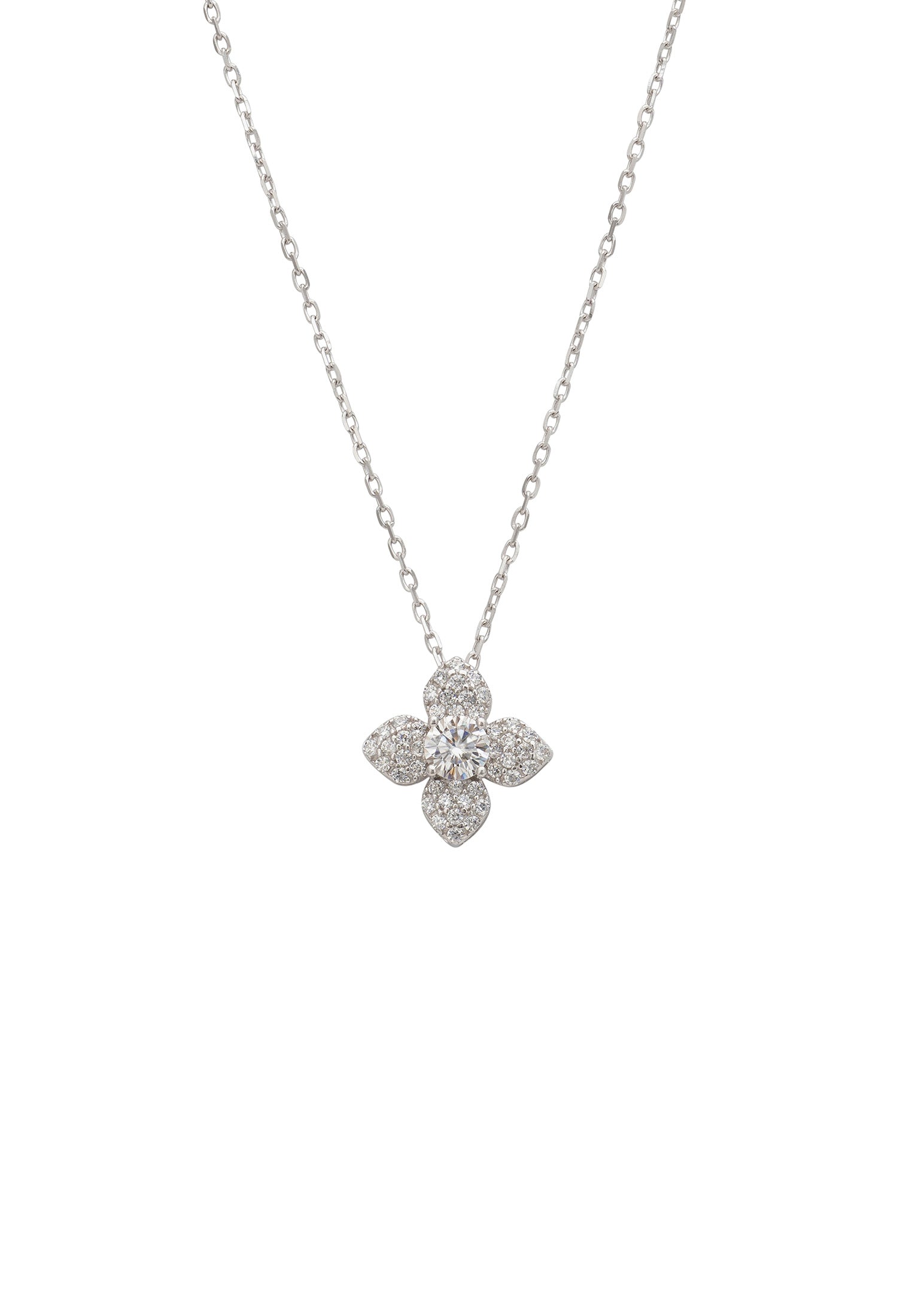 Collar de moissanita con flor de trébol en plata