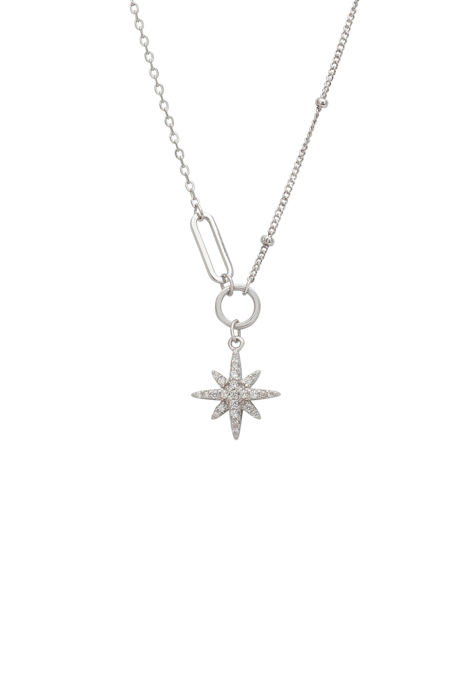 Silver necklace with a star-shaped pendant on a white background