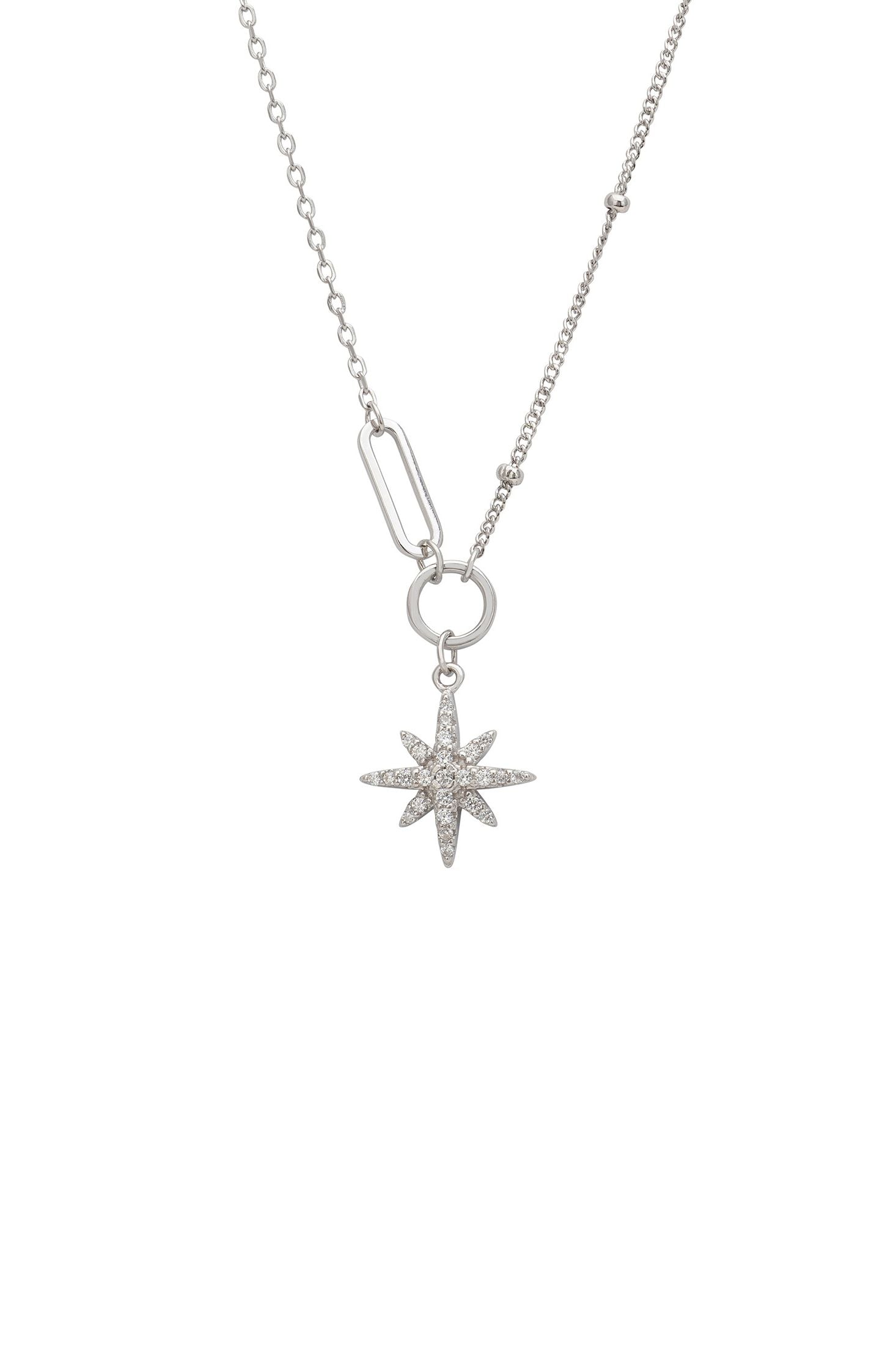 Silver necklace with a star-shaped pendant on a white background