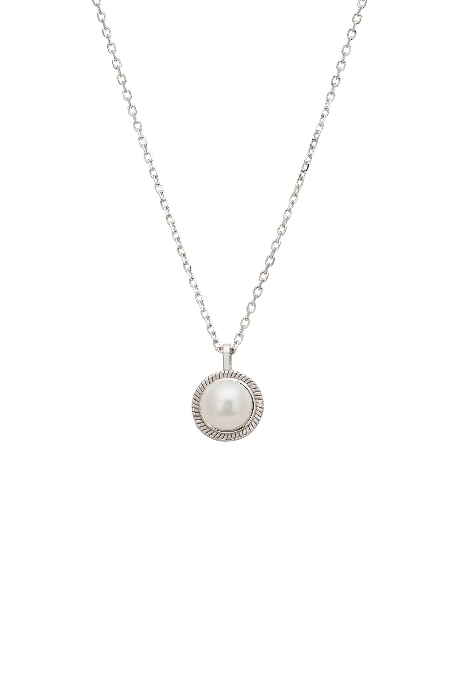 Silver necklace with a round pendant on a white background