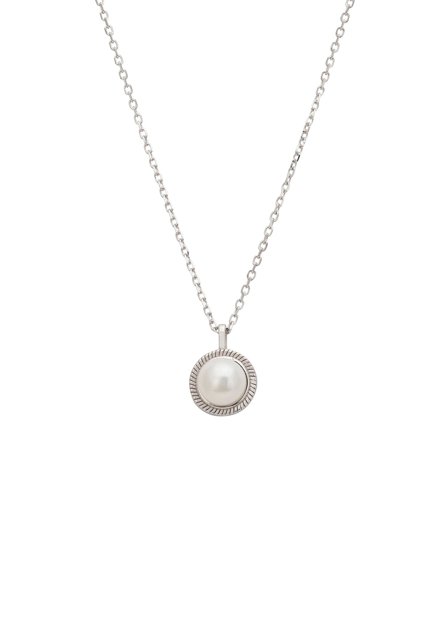 Silver necklace with a round pendant on a white background